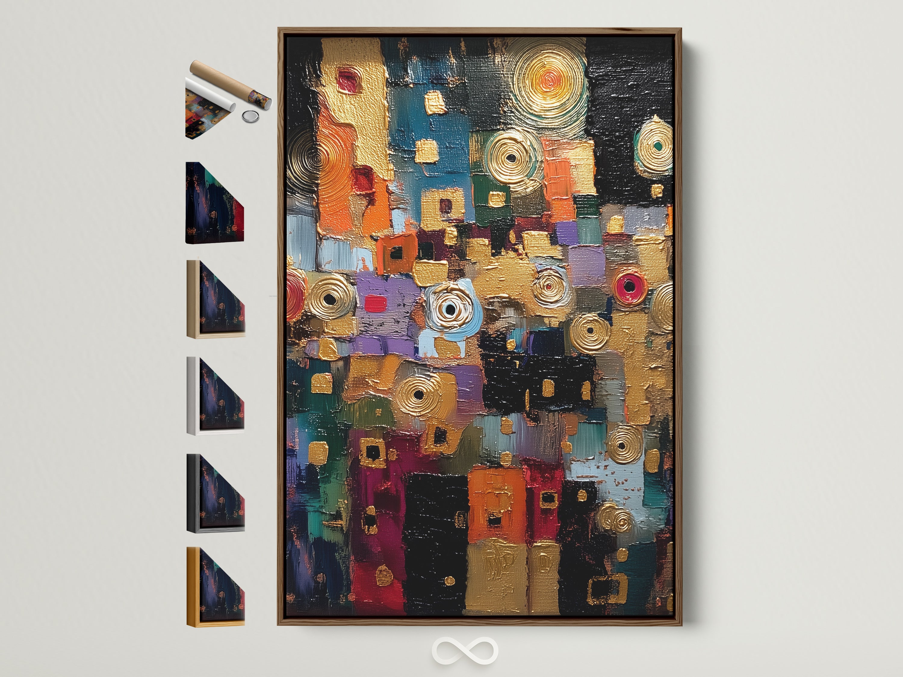 Abstract textured canvas art with a brown frame. The colorful modern wall art features a contemporary mixed media print. Notice the frame options displayed on the side. It is perfect for office decor. The artwork enhances living rooms boutiques and offices.