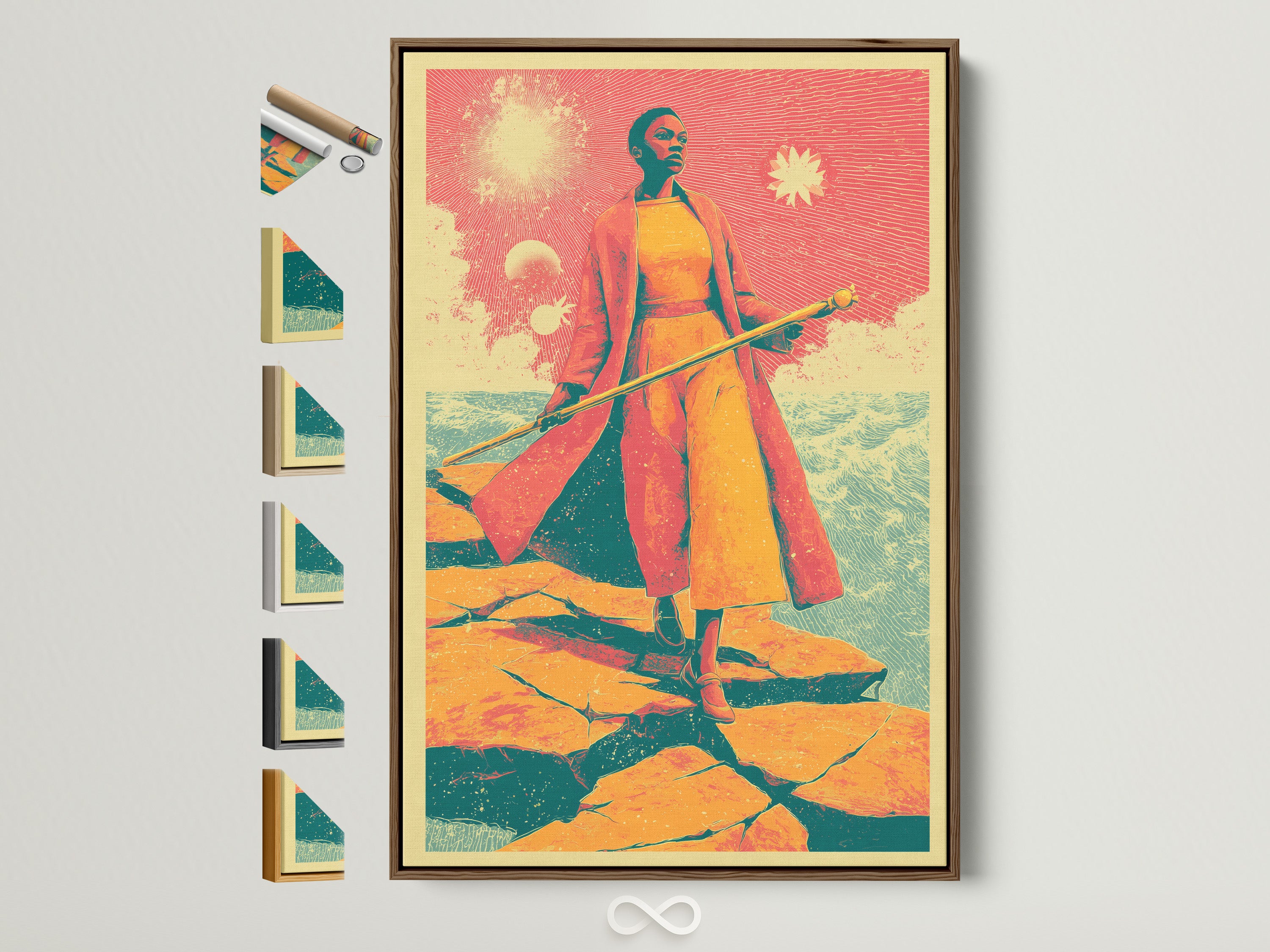 Retro fantasy art print in a brown frame. This vintage sci-fi woman canvas art features surreal desert wall decor. It's perfect for a study room. All frame options are displayed. The artwork adds a mid-century touch to any space. Primary color is orange and secondary color is beige.
