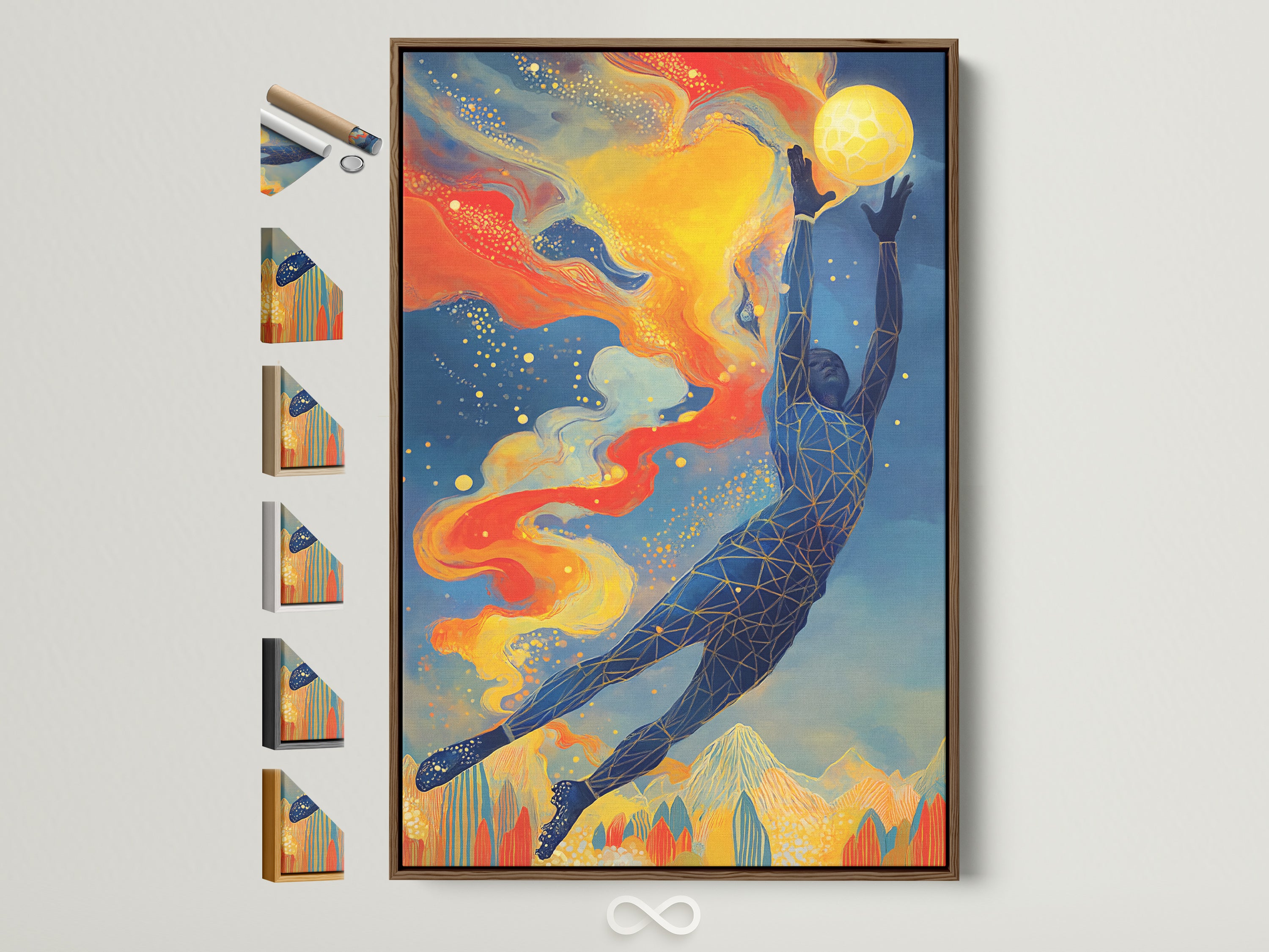 A captivating geometric ocean wall art print in a brown frame. The artwork features a stylized figure reaching for a celestial body. This colorful canvas print is ideal for adding a contemporary touch to any room. See all frame options to customize your art.