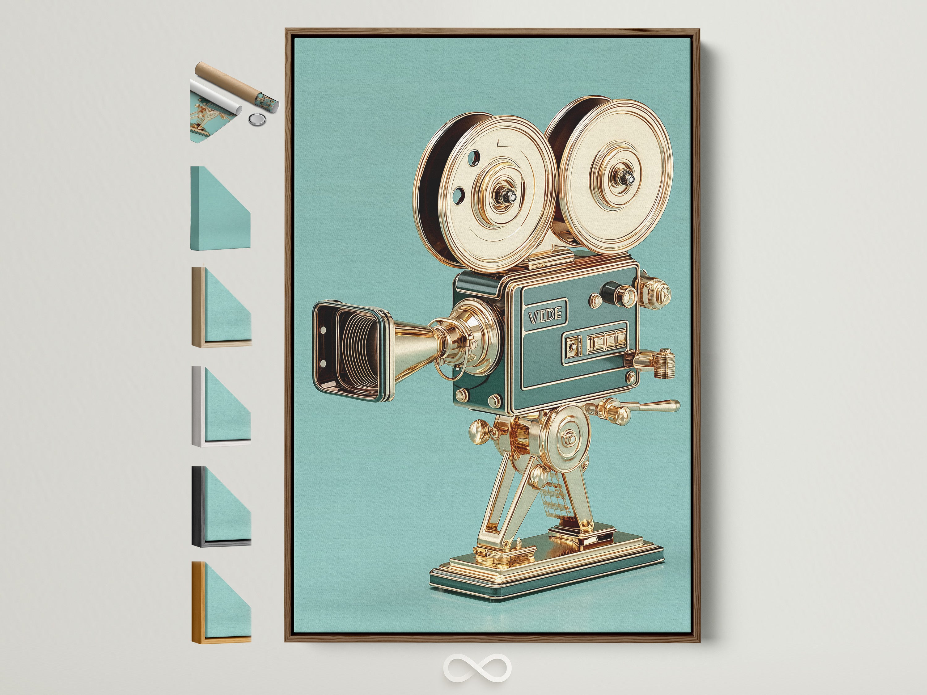 A captivating artwork featuring a vintage camera is displayed in a brown frame. The frame showcases all available framing options. This piece adds a touch of nostalgia to any space. It is perfect for film enthusiasts and art collectors alike. The warm tones of the brown frame enhance the artwork's visual appeal.
