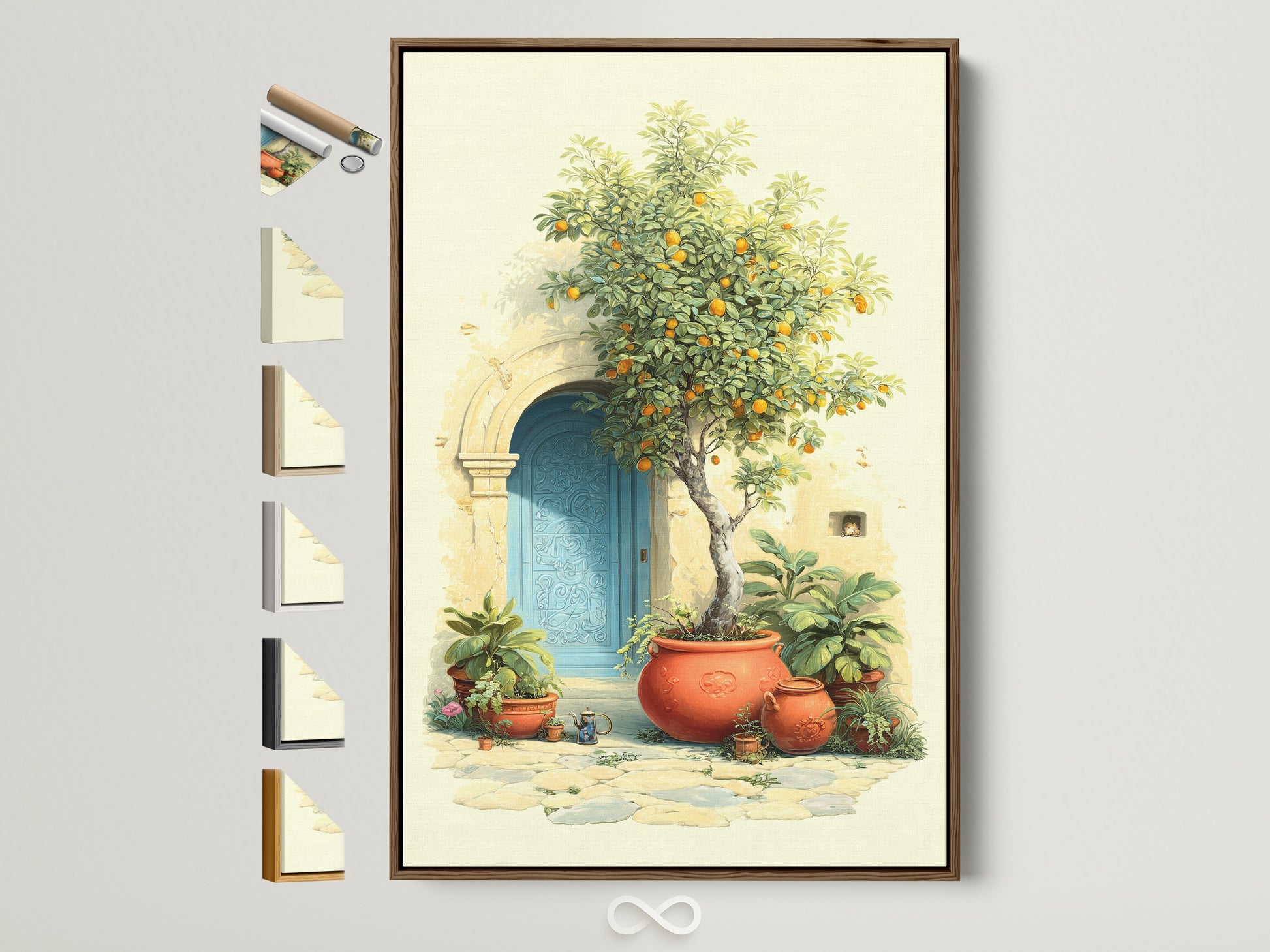 Italian Lemon Tree artwork in a brown frame. This Tuscan doorway wall art brings Mediterranean decor to your kitchen. The print features an azure door terracotta pots and vibrant citrus. Perfect garden wall art to elevate your space with a touch of European charm.