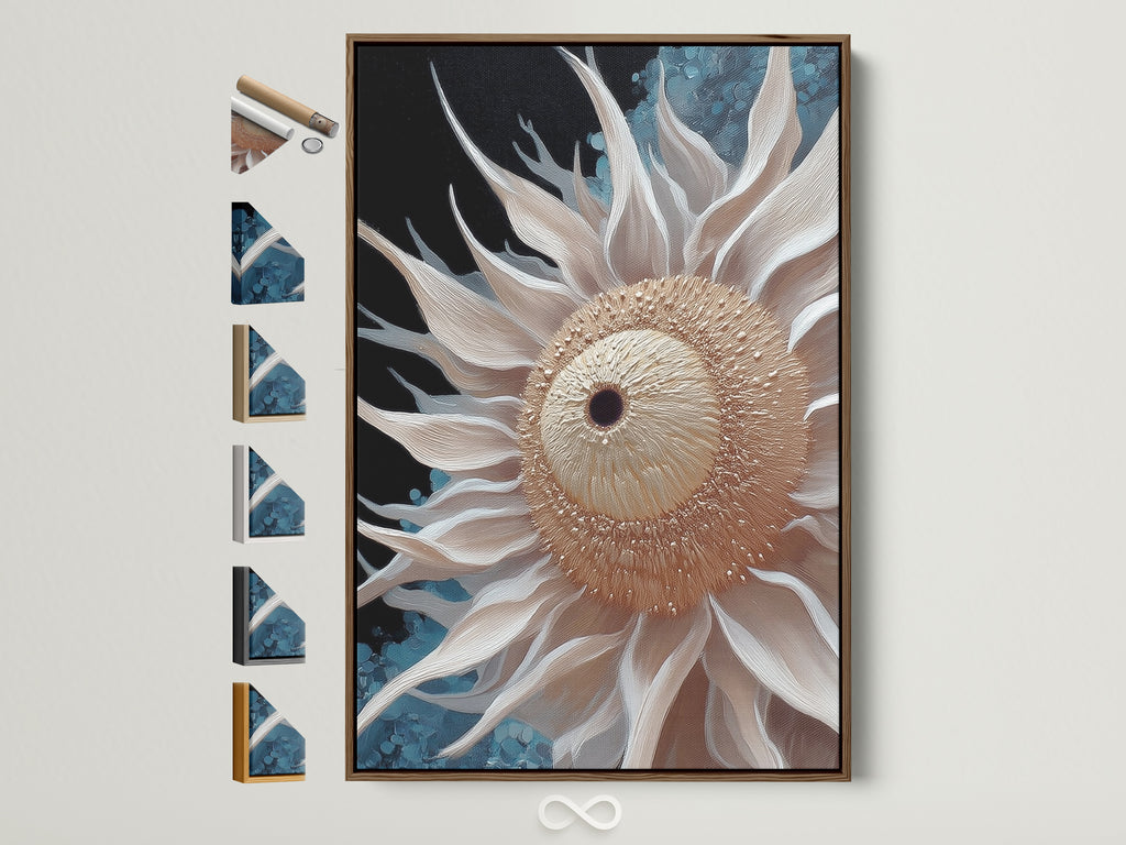 Explore framing options for your floral canvas print. This beige sunflower artwork is displayed in a brown frame. See the variety of frame styles available to match your modern decor. Perfect neutral wall art for your dining area living room or bedroom. Consider botanical artwork for a scandi minimalist vibe.