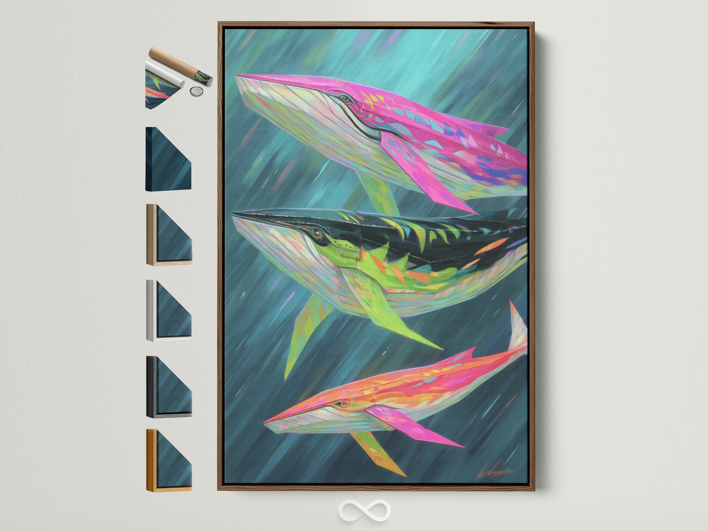 Explore framed whale artwork with a brown frame. See all frame options available. This vibrant ocean canvas wall art adds a splash of color to any room. A perfect coastal decor piece.
