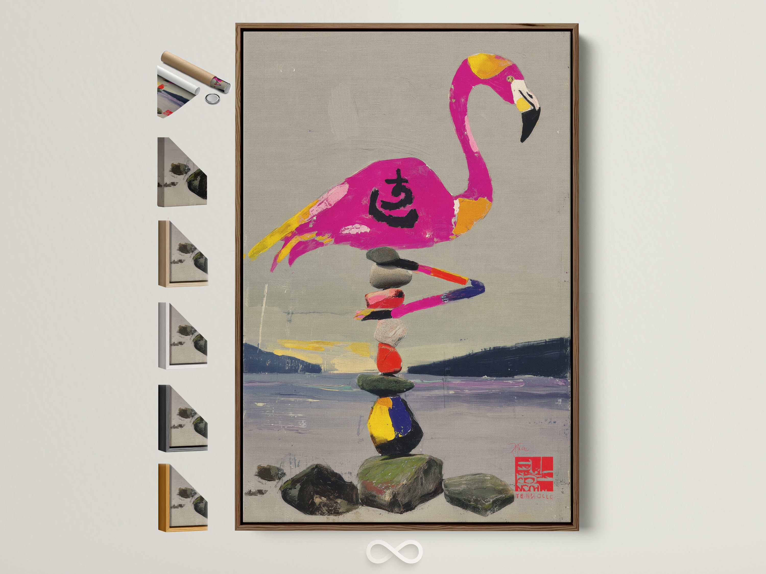 A flamingo art print is displayed in a brown frame. The artwork shows a pink flamingo balancing on a stack of zen stones. All available frame options are displayed. It's perfect for adding a touch of coastal charm to any space.