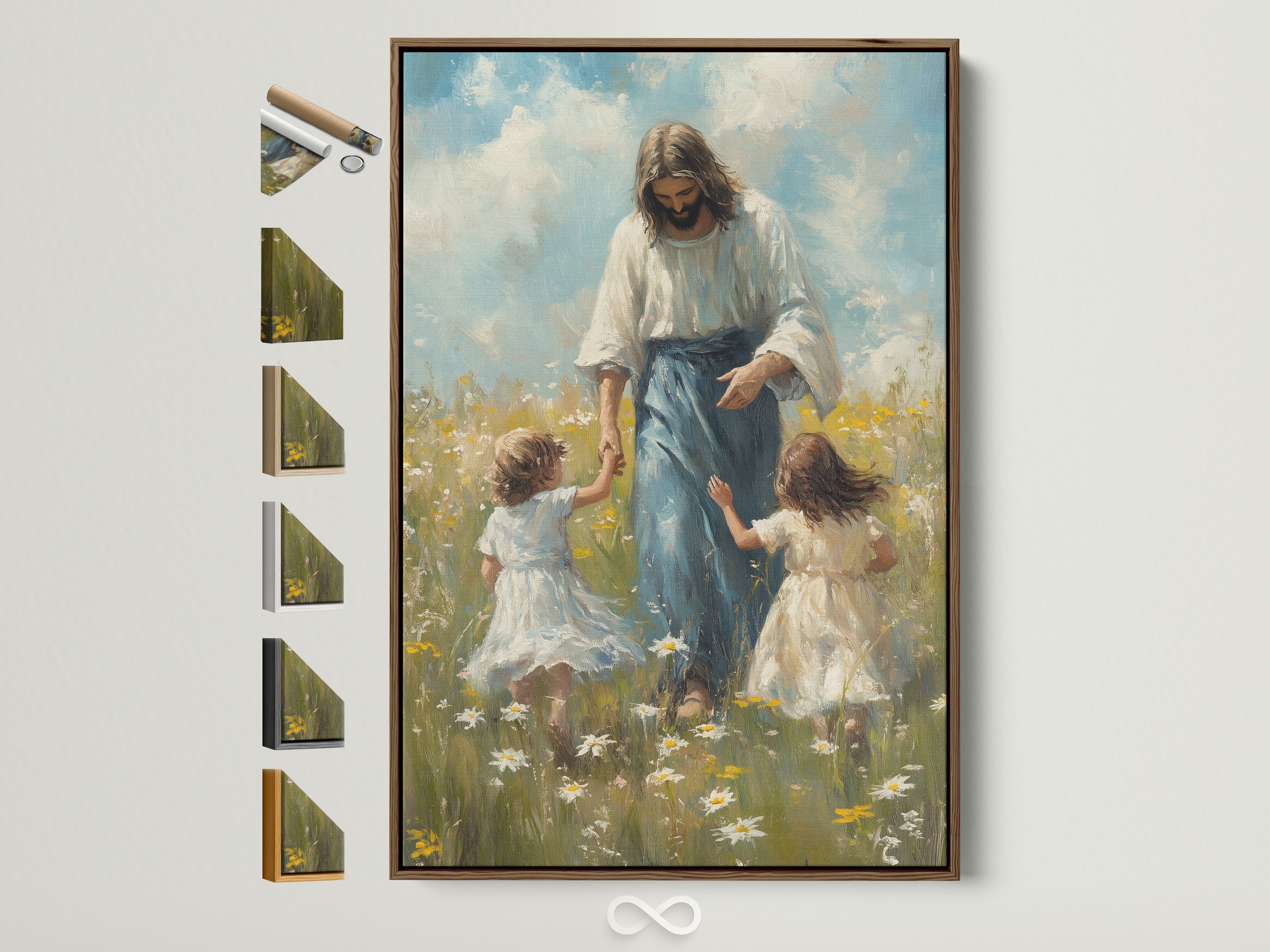 A serene artwork is displayed in a brown frame. The image features Jesus Christ walking with two young girls through a field of daisies. Various frame options are showcased on the side. This art evokes a sense of peace. It will complement any space.