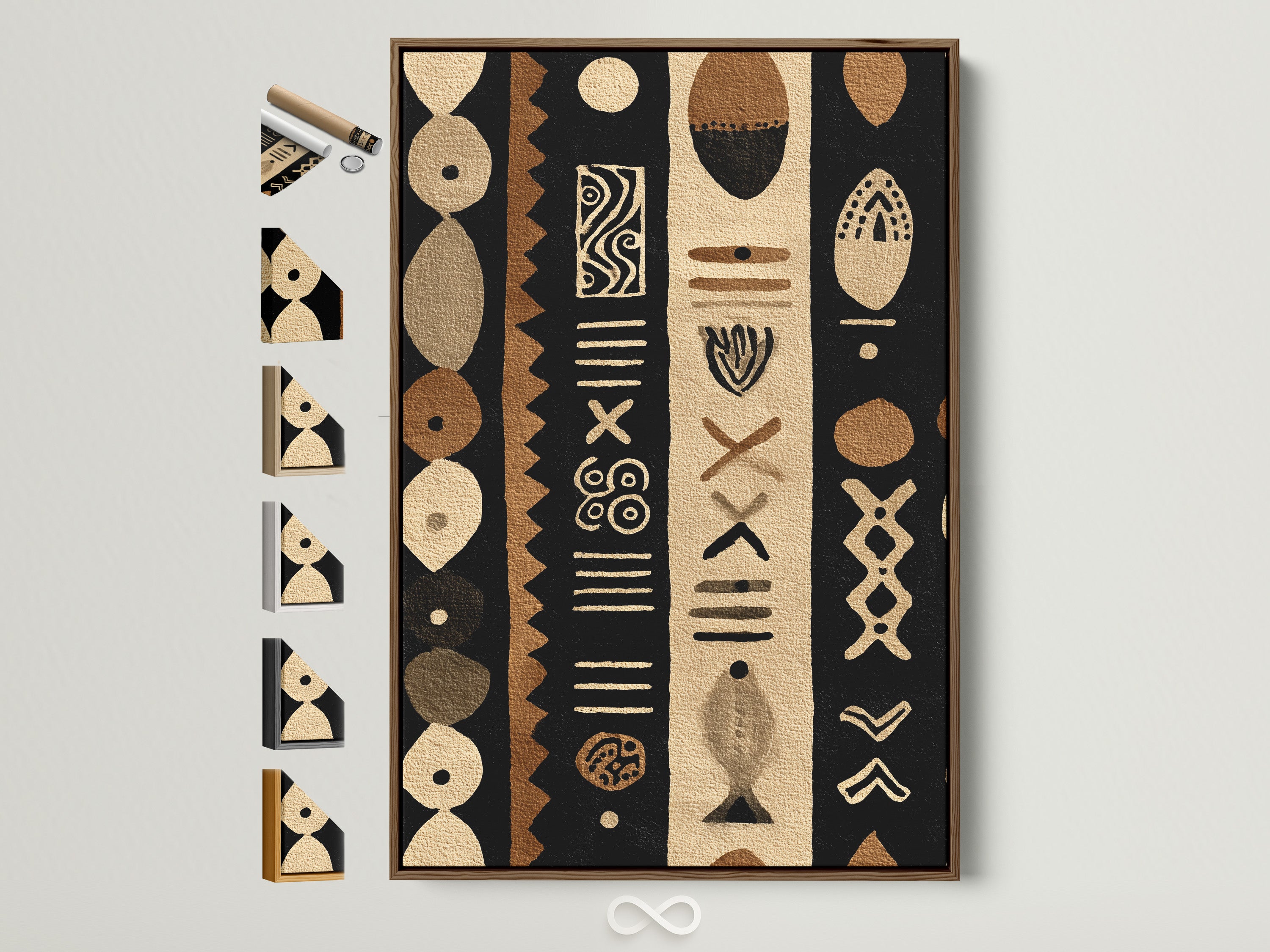 A framed artwork with a brown frame is displayed. Frame options are visible on the side. The artwork features tribal-inspired patterns in black brown and beige. It is hung on a white wall creating a minimalist aesthetic.