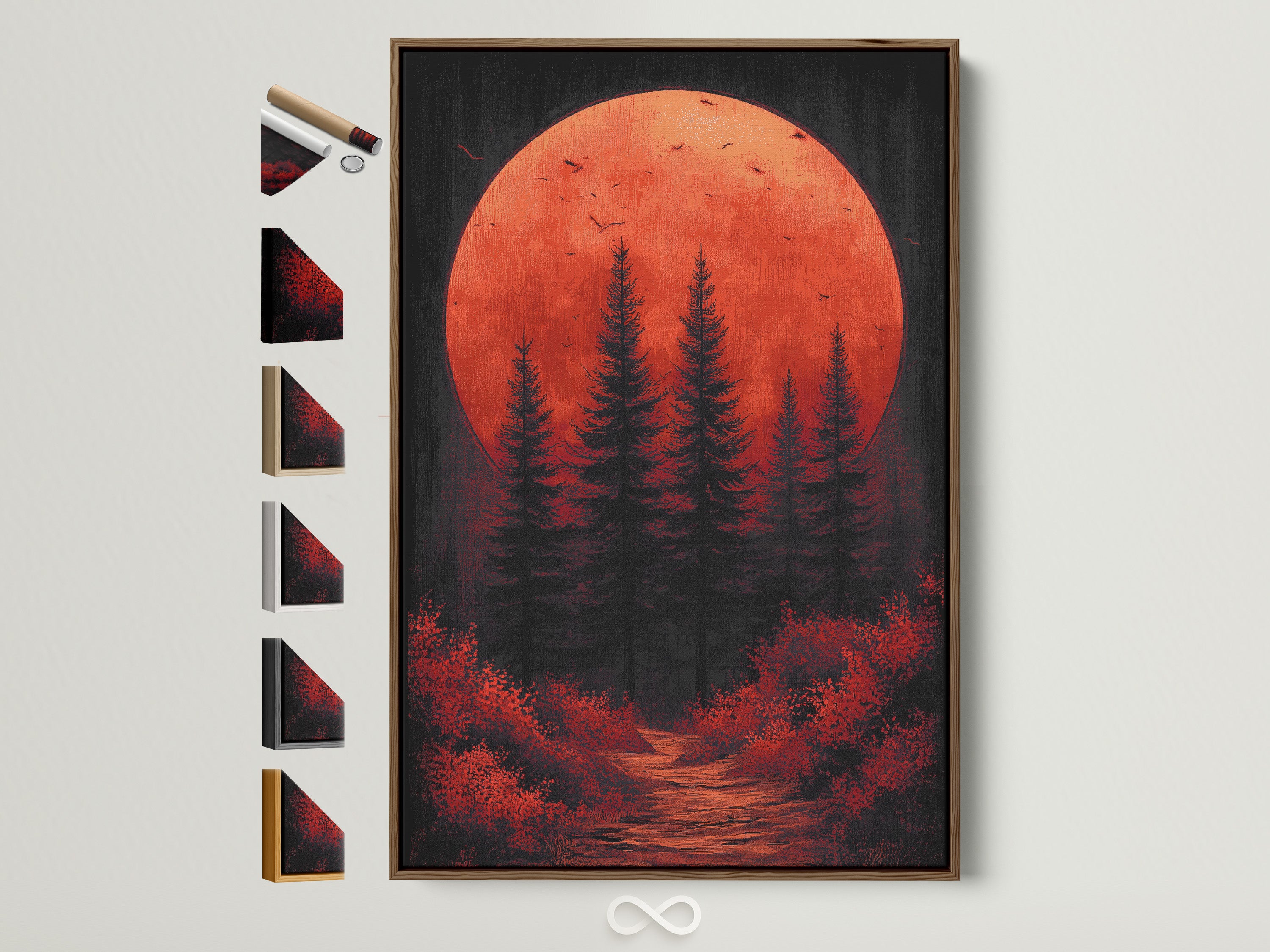A captivating forest moon artwork is displayed in a warm brown frame. The frame options are neatly arranged on the side. This moody nature landscape features a striking red orange sunset. It's perfect for adding a touch of mystical charm to any room.
