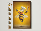 Chef Bee artwork in a brown floating frame. This whimsical kitchen canvas print adds charm to any dining room. See all frame options for this cooking bee artwork. Perfect funny food art for culinary enthusiasts.