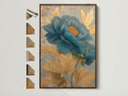 Artwork with a brown frame. The art depicts a blue flower. The image shows all frame options available. Options include oak white black and gold frames. The artwork is framed in a floating frame.