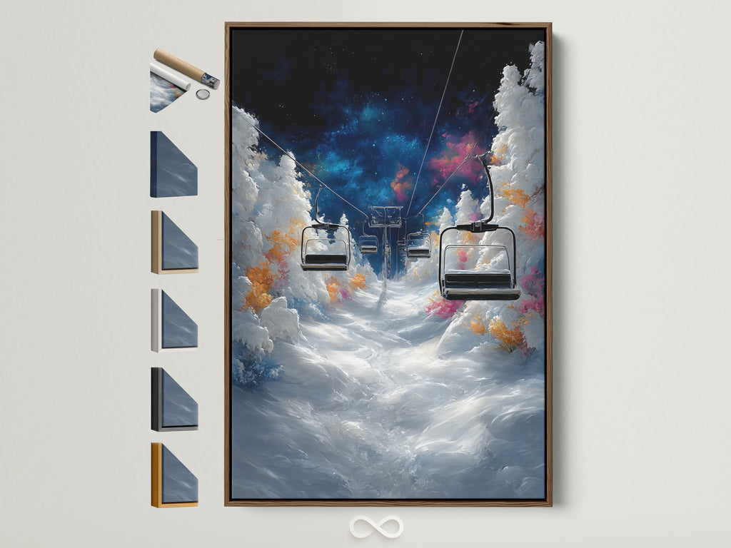 Elevate your space with this ski lift art. The brown frame beautifully showcases all frame options. Perfect for homeowners renters and business owners seeking unique wall art. Cabin wall decor fits lodge rustic or Scandinavian styles.
