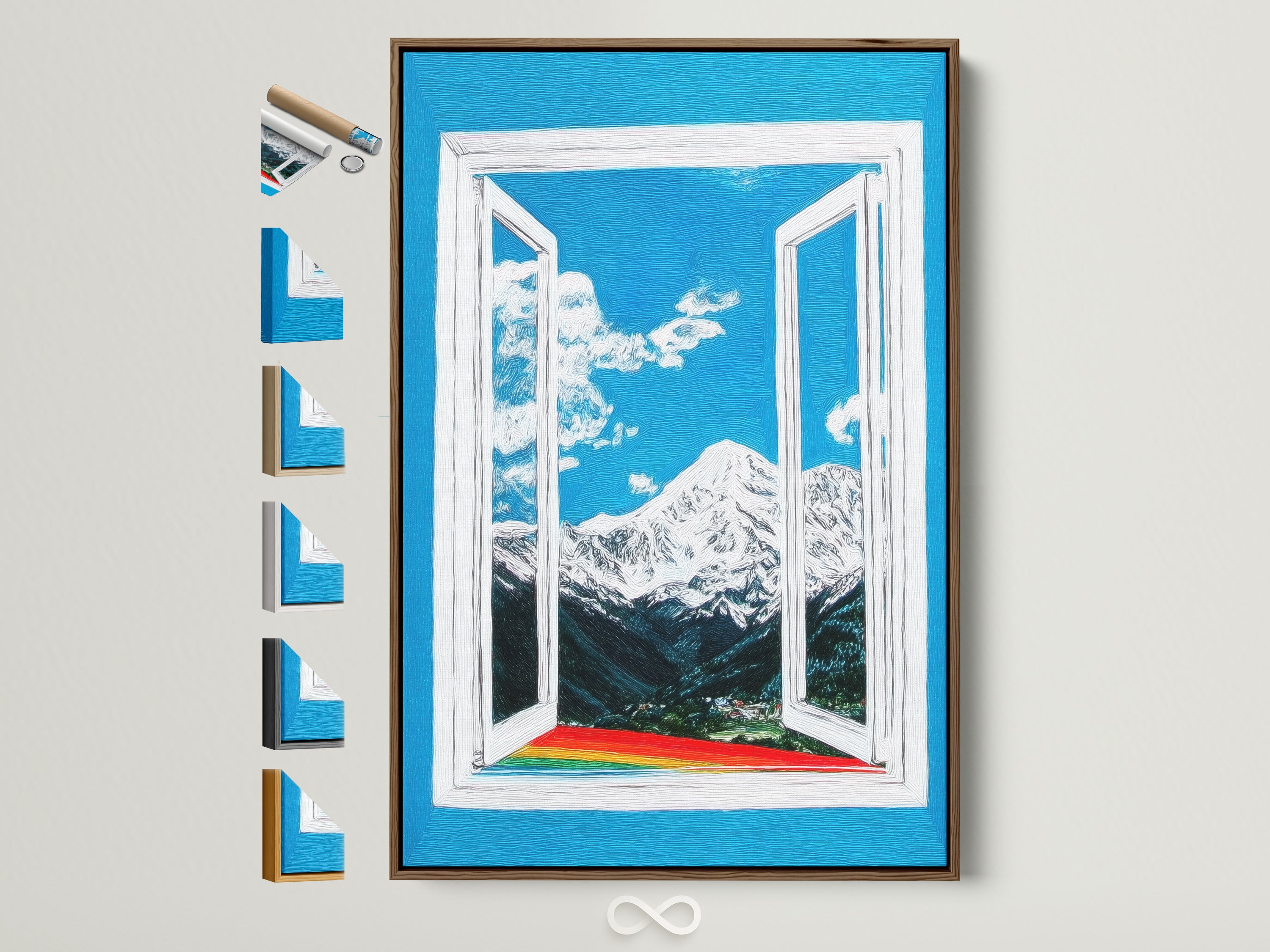 A mountain view artwork is framed in a brown frame. The frame has different art frame options on the side. The artwork features a bright blue sky and snow-capped mountains. This open window wall art brings nature indoors. It's perfect for adding color to any room.
