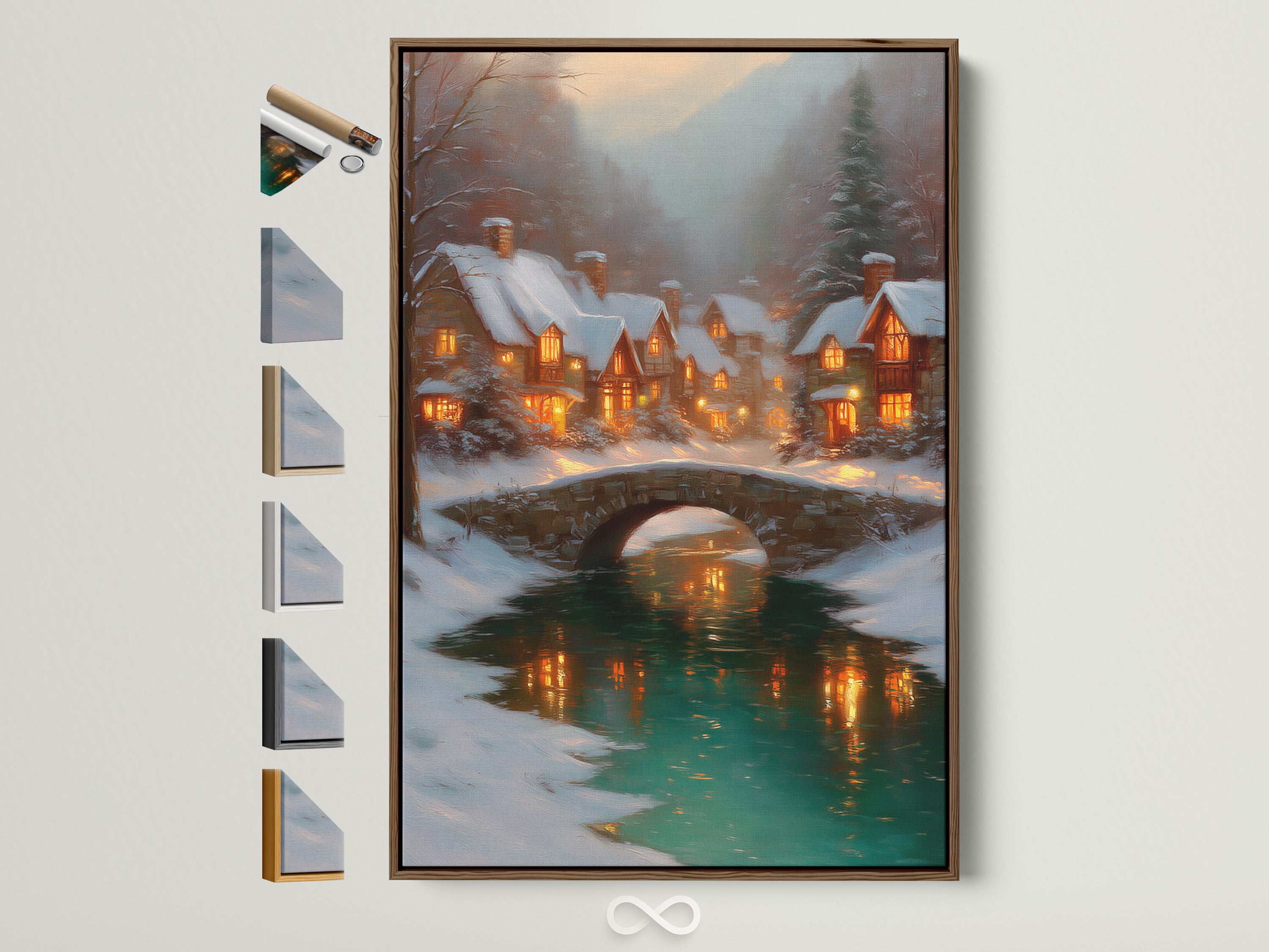 Winter Village artwork in a brown frame. This cozy cabin art depicts a snowy cottage scene with a bridge landscape. Warm lights glow from the windows creating festive wall decor. Explore frame options to enhance your holiday home decor.