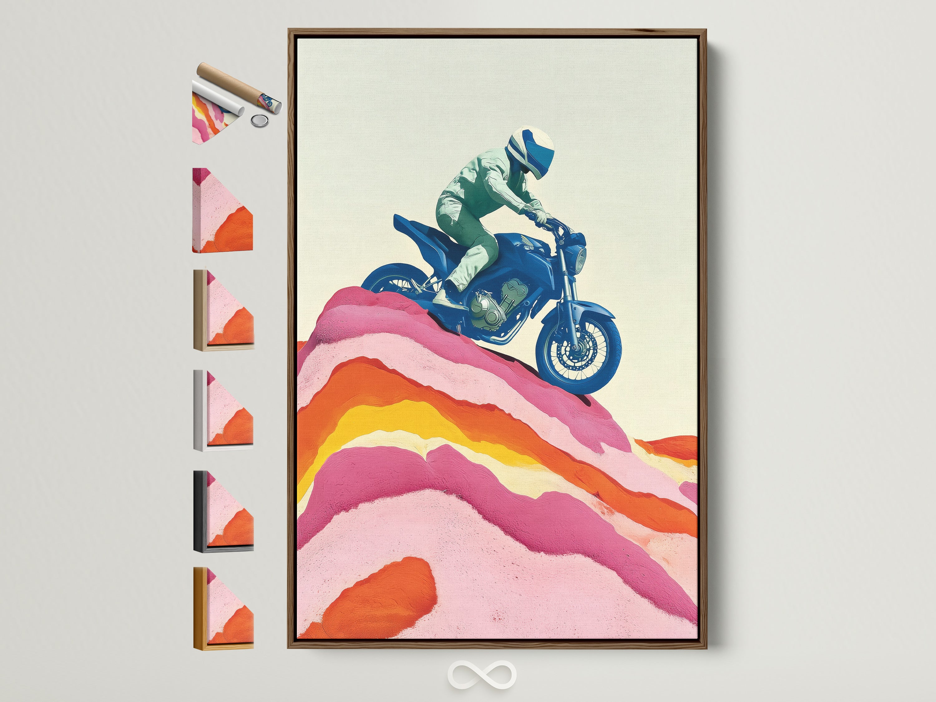 Retro biker wall art in a brown frame. This motorcycle art print adds a vintage touch to any man cave or garage. Various frame options are displayed. The artwork features a blue motorcycle and pink accents.