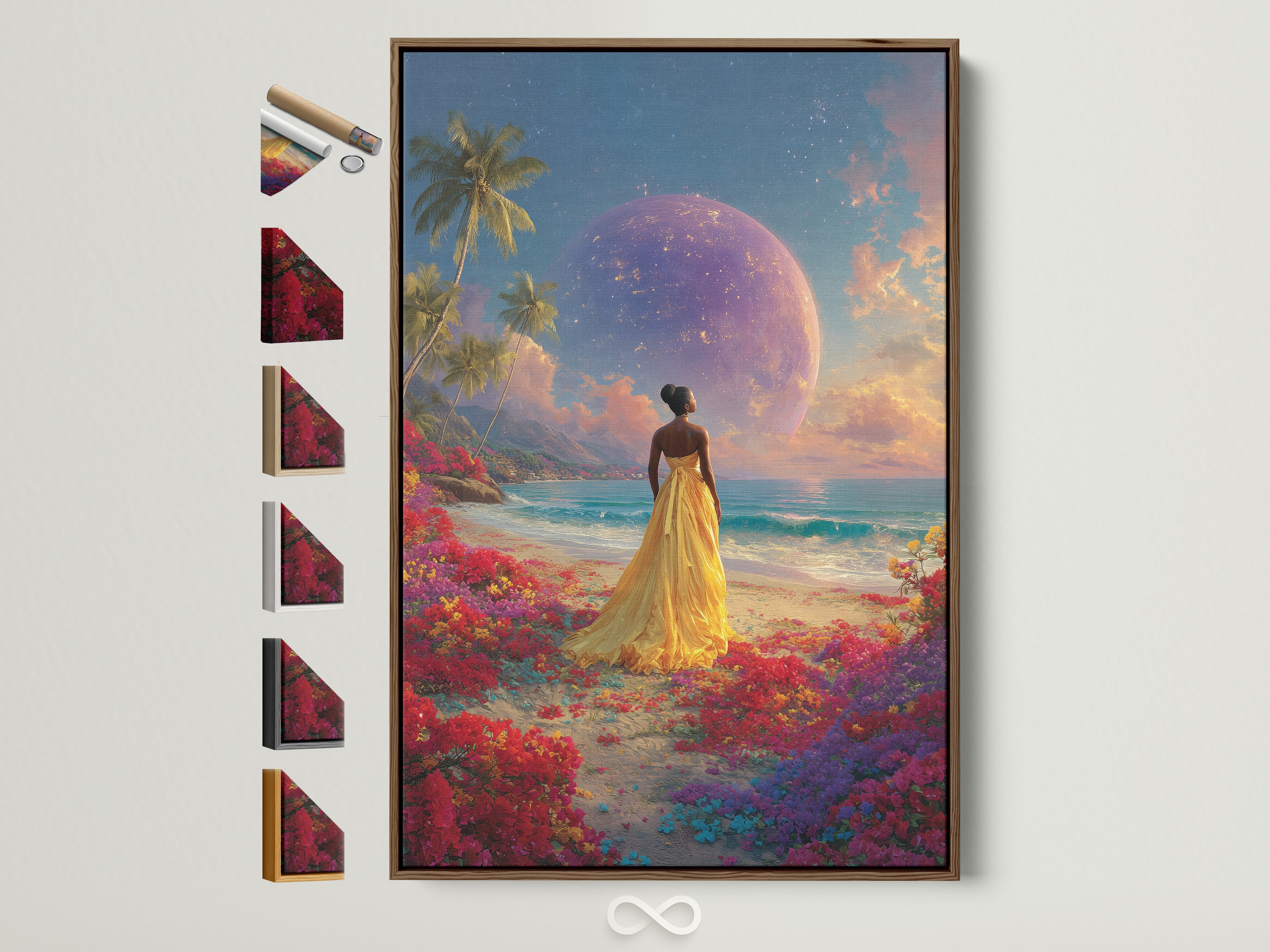 A framed artwork of a woman in a yellow dress on a beach with a large planet in the sky. The frame is brown. All frame options are displayed on the side. This artwork adds a touch of fantasy to any room.