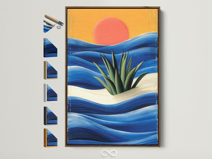 Framed coastal sunset artwork with abstract ocean waves. The art is in a brown frame. Various frame options are displayed. Perfect wall art for living rooms bedrooms and offices.