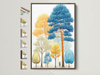 Colorful forest artwork with a modern woodland scene in a brown frame. The artwork features abstract trees in blue gold and green tones. Explore frame options for your nature art print. Perfect wall art for minimalist or contemporary decor.