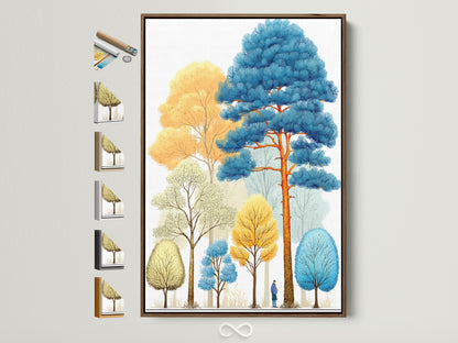Colorful forest artwork with a modern woodland scene in a brown frame. The artwork features abstract trees in blue gold and green tones. Explore frame options for your nature art print. Perfect wall art for minimalist or contemporary decor.
