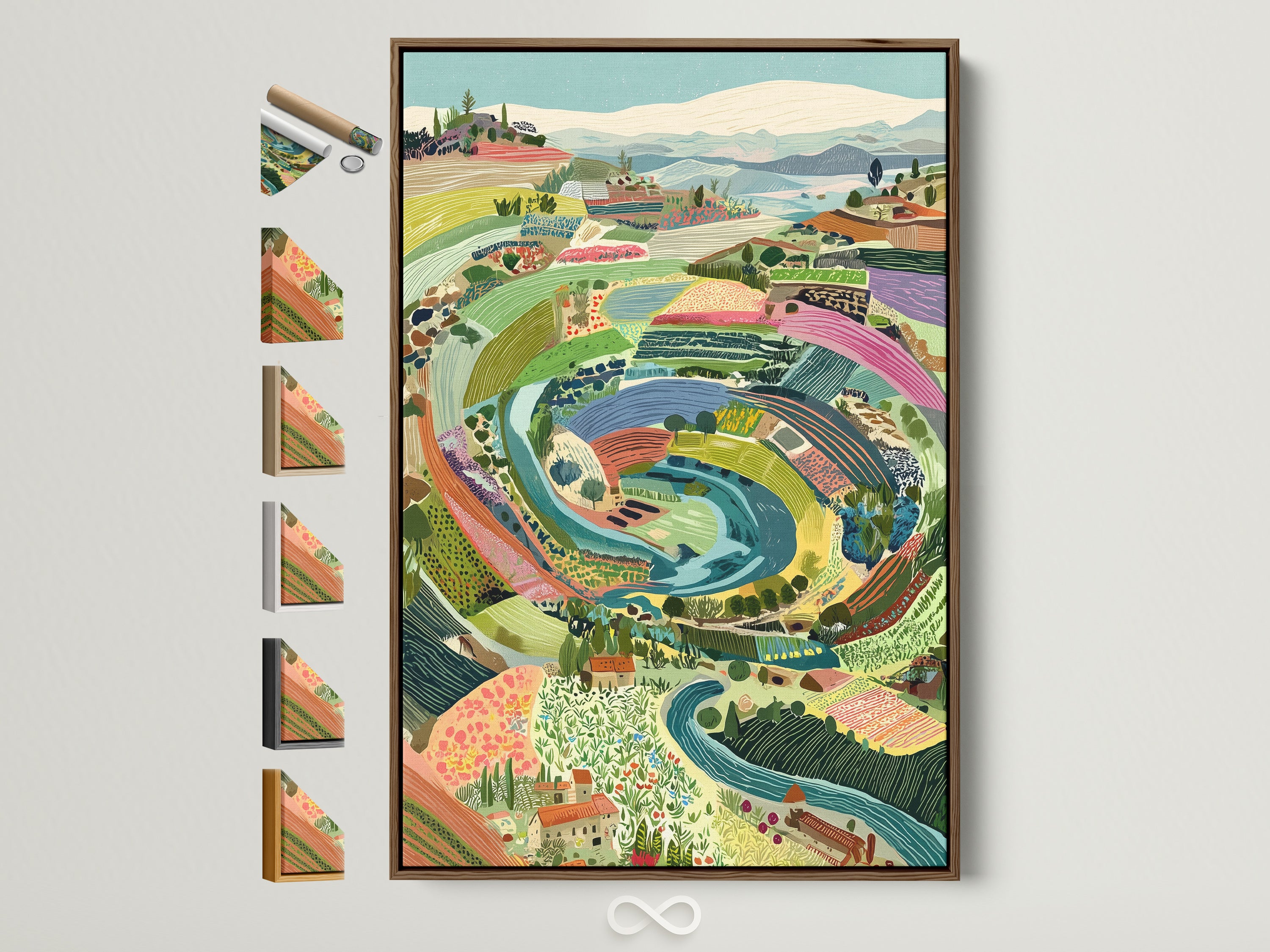 Italian Landscape artwork with a brown frame. Explore frame options for this Tuscan countryside wall art. Perfect colorful farmhouse artwork for your kitchen or living room. Discover rustic scenic italy wall art.