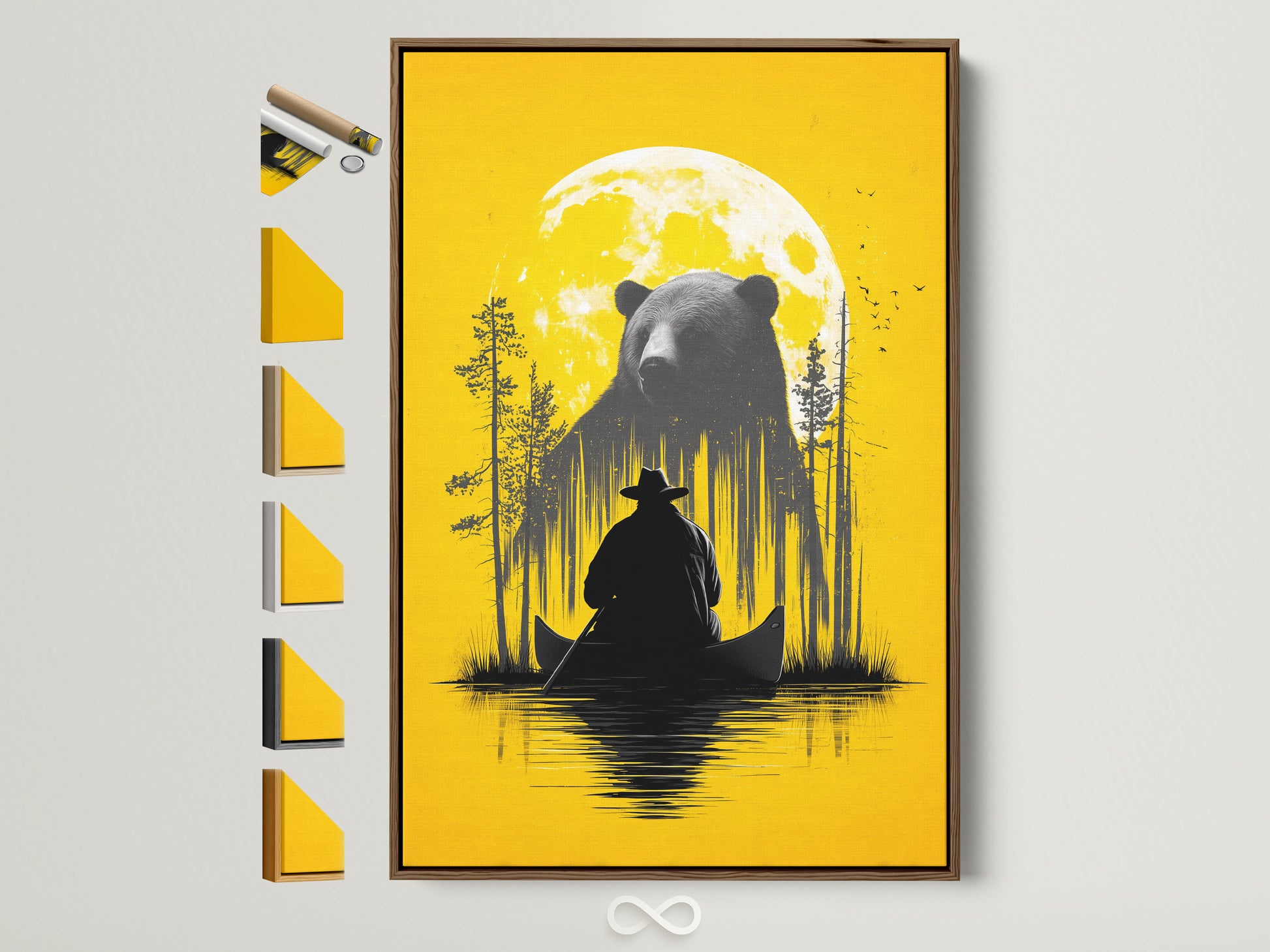 Framed Bear and Canoe artwork is displayed. The frame is a brown frame. Various frame options are showcased on the side. It is a rustic nature wall art. It shows a bear and a canoe under a yellow moon. Ideal for cabin decor and adventure art lovers. Enhance your space with this wildlife art print.