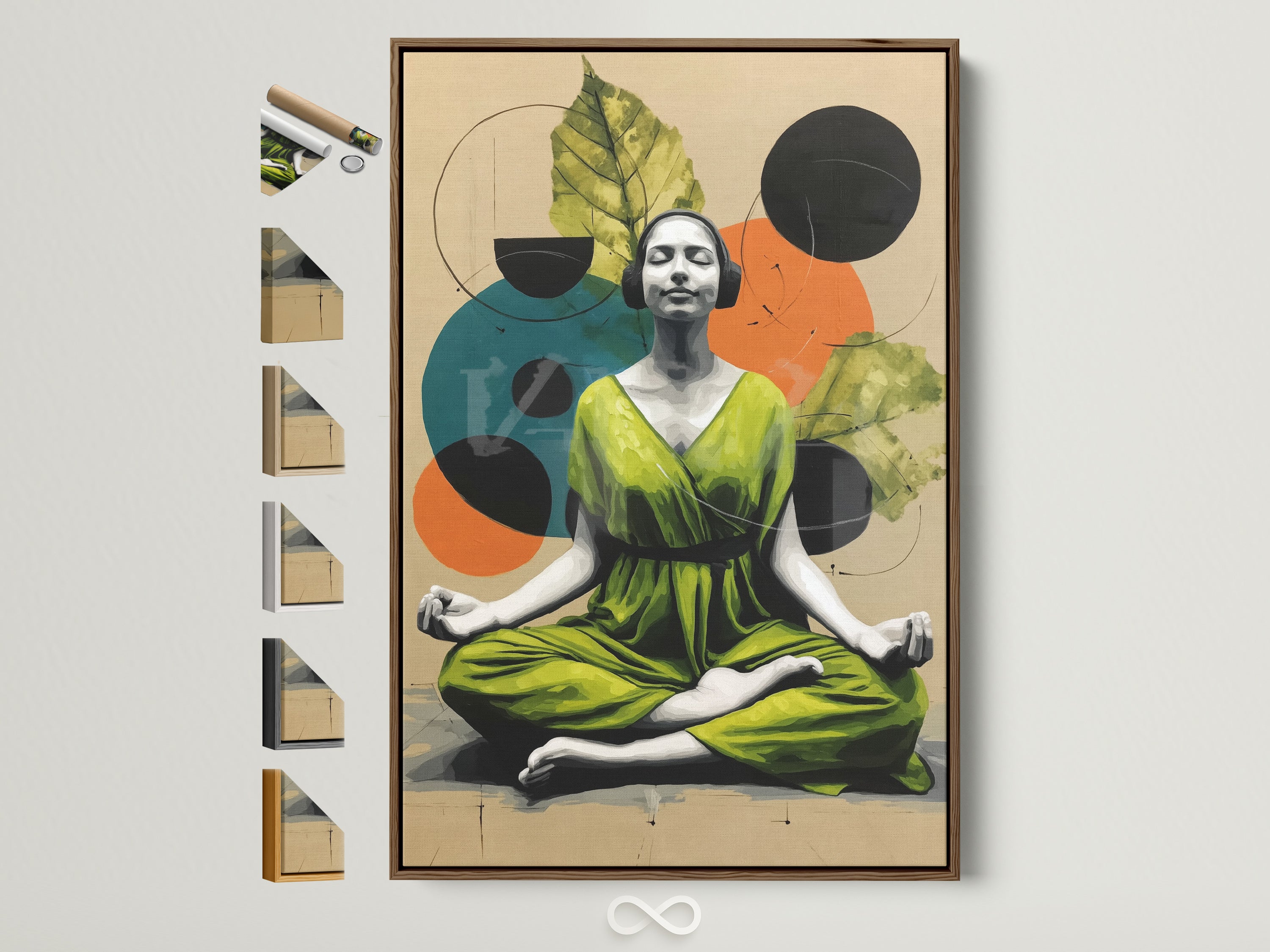 A beautiful meditation artwork is displayed in a brown frame. See all frame options to match your style. This Zen Yoga canvas print brings a peaceful touch. Perfect for bedroom or yoga studio mindfulness decor.
