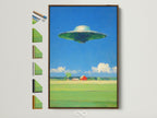 The UFO art print is showcased in a brown frame. The artwork depicts a surreal landscape painting. A UFO hovers over a rural scene with a farmhouse. Explore our Sci-Fi canvas wall art. Perfect retro space artwork for your office or home. View all frame options available.