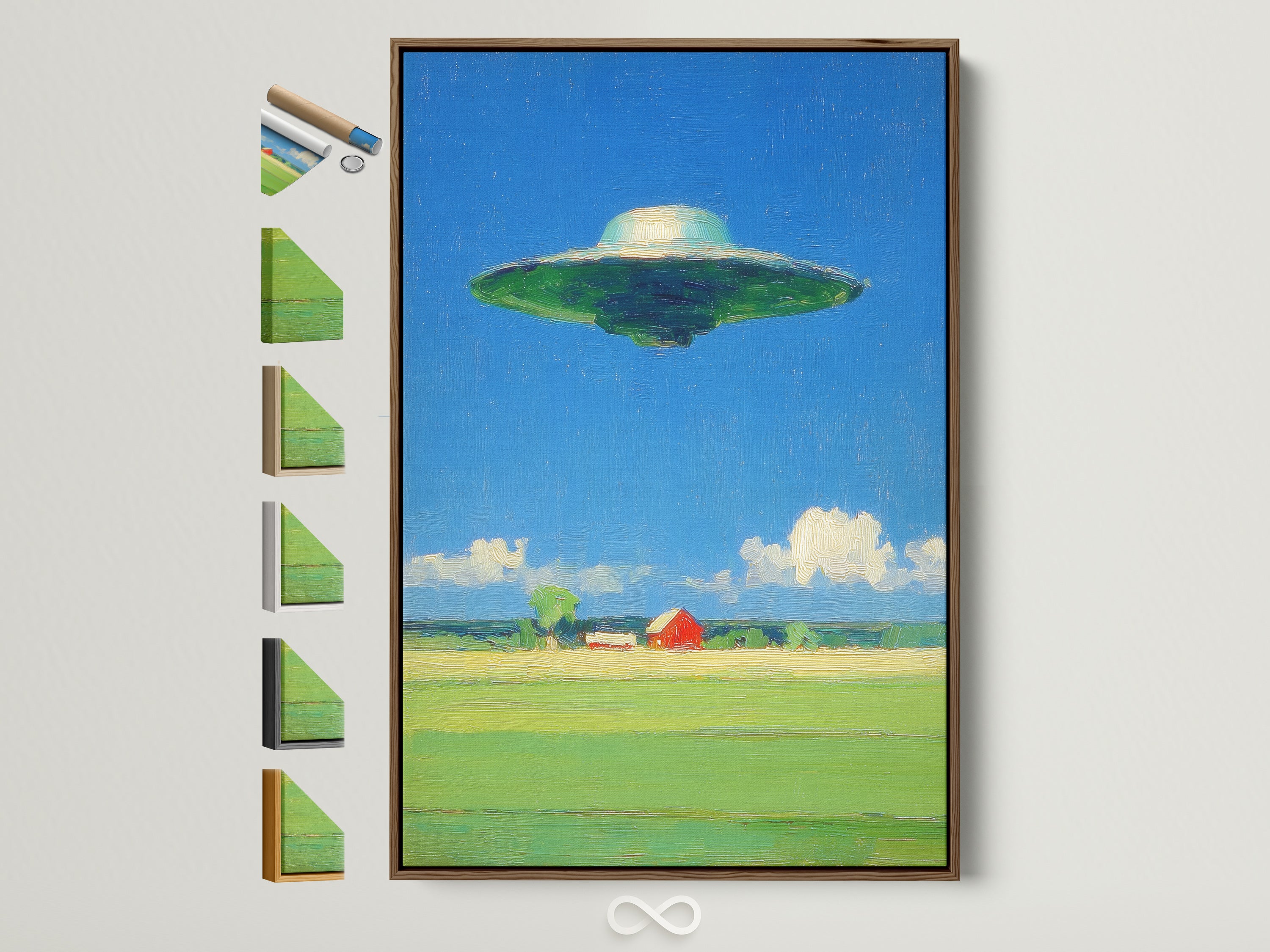 The UFO art print is showcased in a brown frame. The artwork depicts a surreal landscape painting. A UFO hovers over a rural scene with a farmhouse. Explore our Sci-Fi canvas wall art. Perfect retro space artwork for your office or home. View all frame options available.