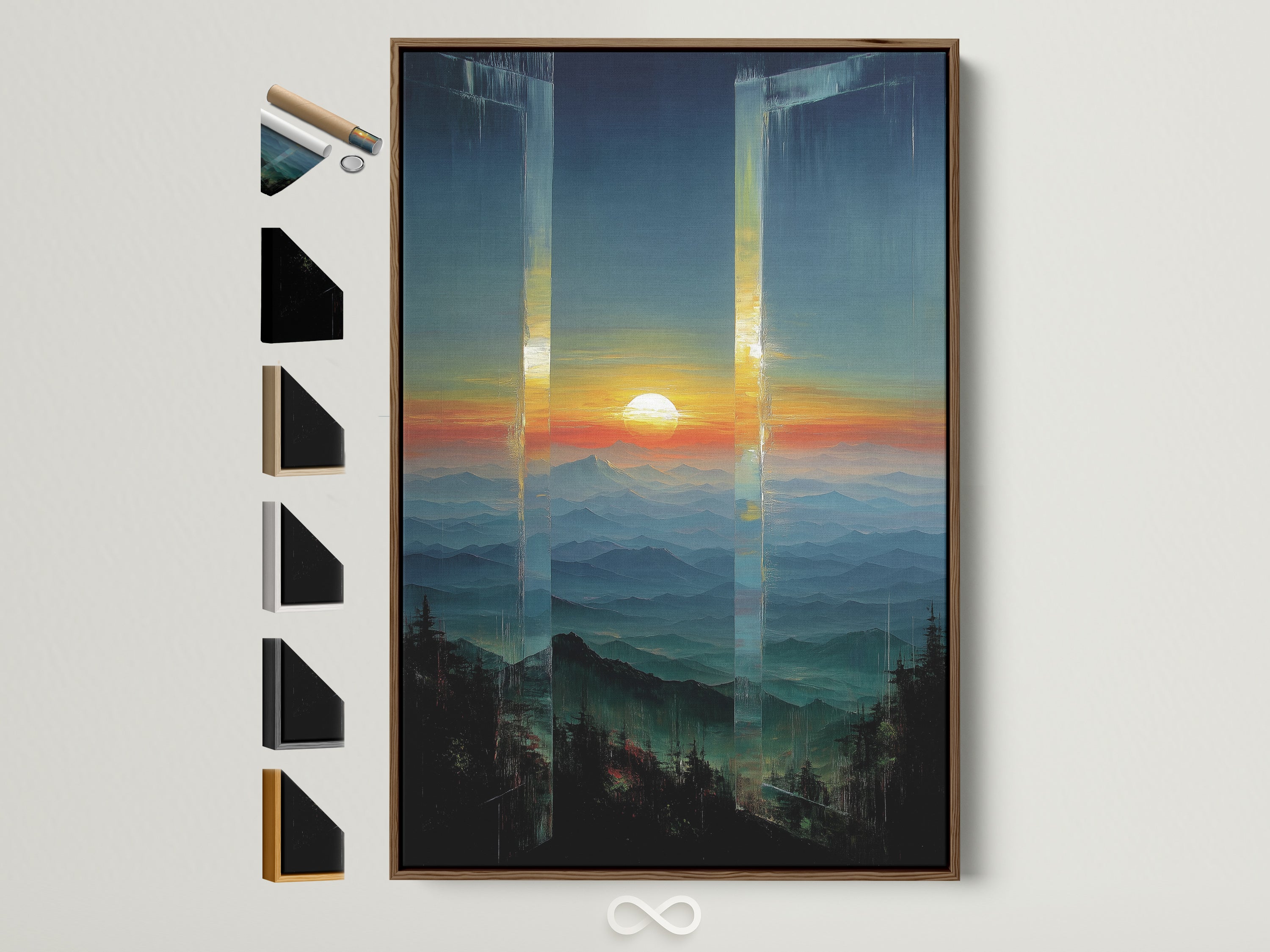 Mountain Sunset Canvas Artwork with a brown frame. Various frame options are displayed on the side. This abstract landscape wall art features teal and orange hues. Perfect home decor for any office space.