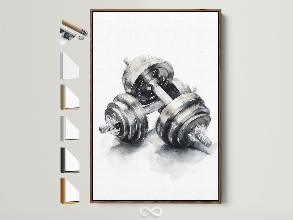 Artwork of dumbbells framed in a brown frame. The artwork is matted. Explore various frame options to complement your unique art. Find the perfect frame to showcase your style and artwork.