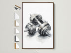 Artwork of dumbbells framed in a brown frame. The artwork is matted. Explore various frame options to complement your unique art. Find the perfect frame to showcase your style and artwork.