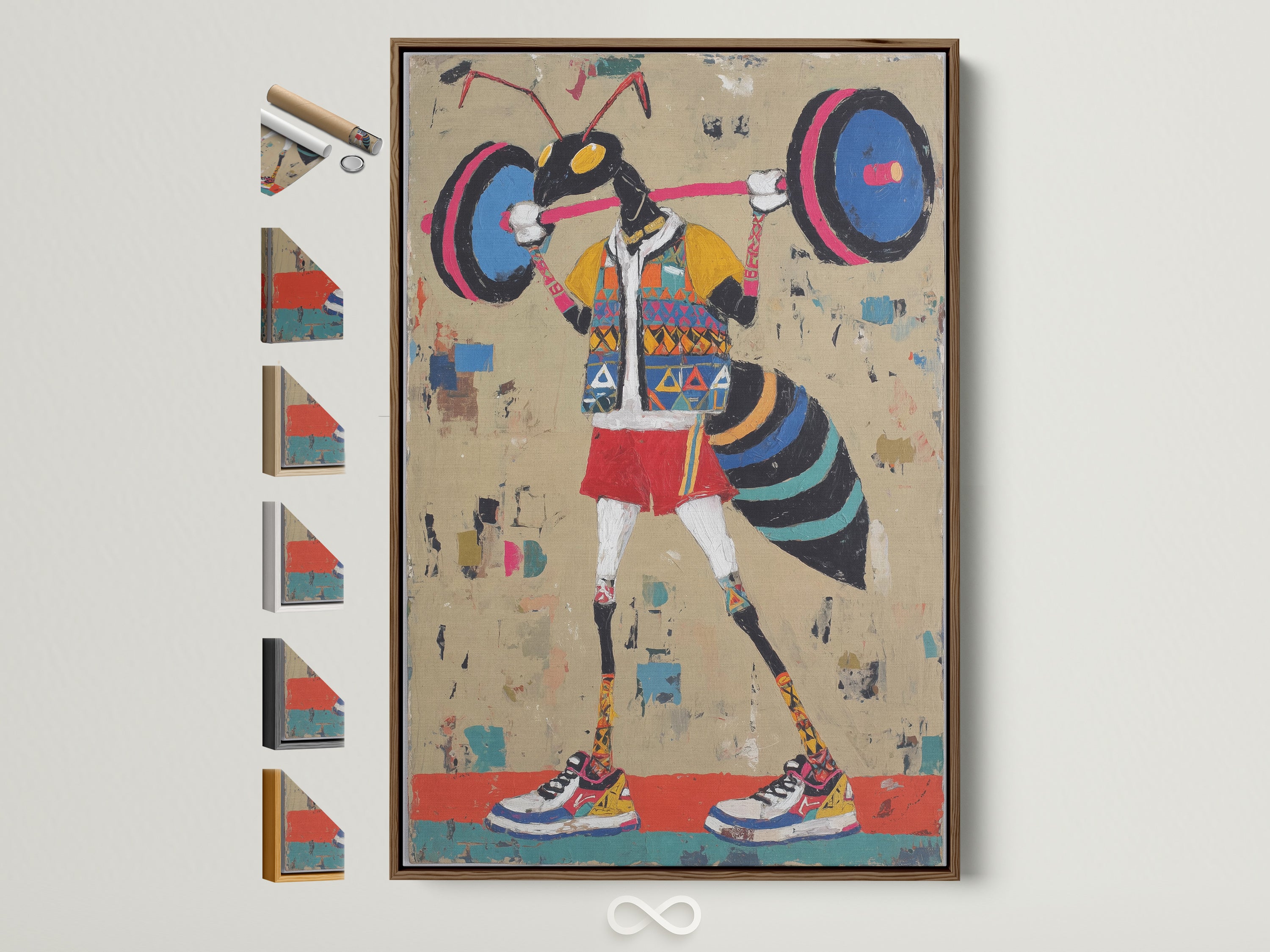 Weightlifter art print in a brown frame. All frame options are displayed on the side. This retro gym wall art adds a touch of vintage fitness to your home gym decor. The beige background and playful style fit contemporary eclectic or minimalist styles. It's great for home gym decor playroom wall art or as a fun accent in any living space.