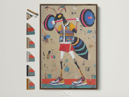 Weightlifter art print in a brown frame. All frame options are displayed on the side. This retro gym wall art adds a touch of vintage fitness to your home gym decor. The beige background and playful style fit contemporary eclectic or minimalist styles. It's great for home gym decor playroom wall art or as a fun accent in any living space.