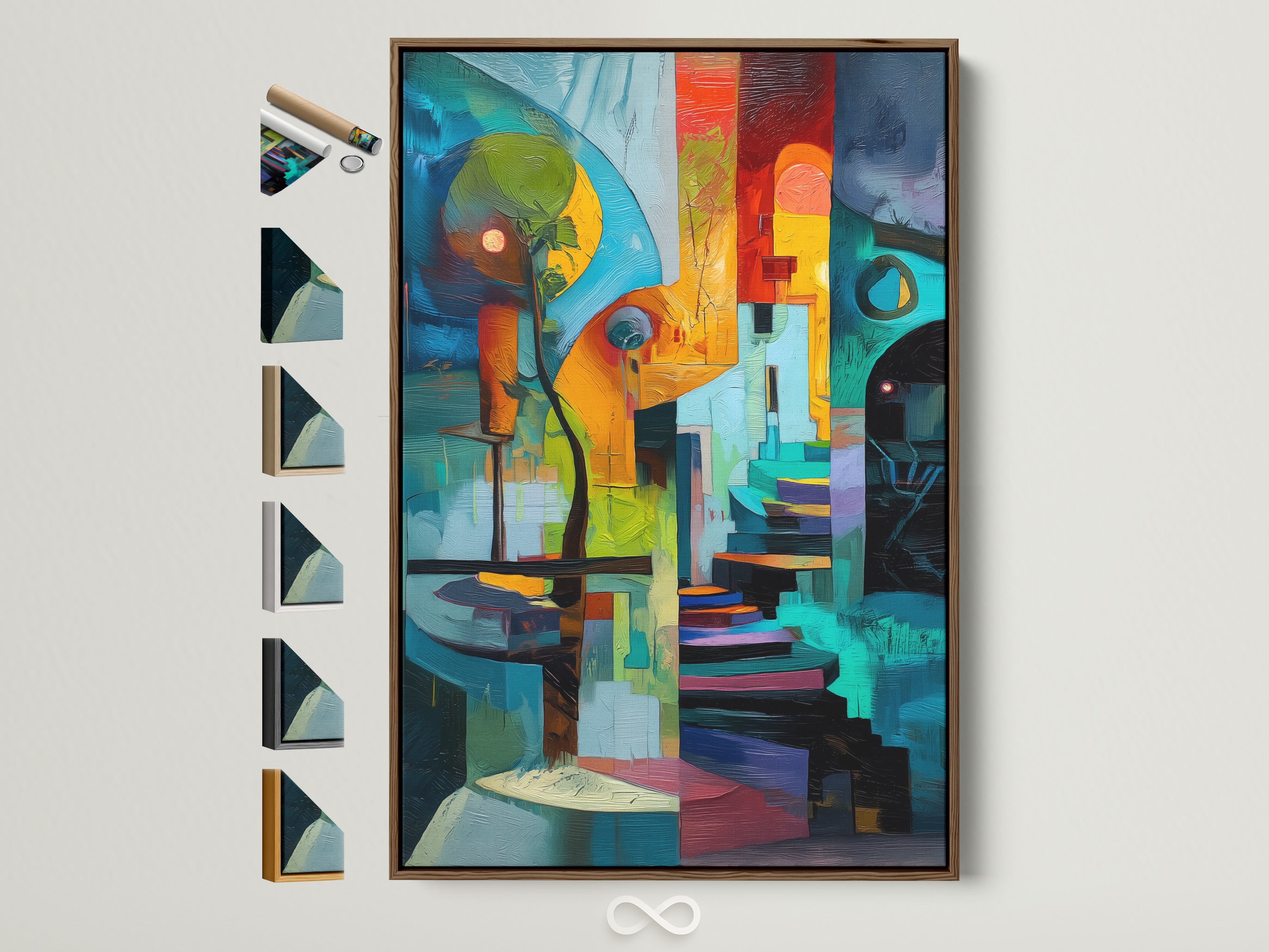 Brown frame displays a colorful geometric abstract. Notice all frame options on the side. Teal and orange hues create contemporary vibes. Perfect modern wall art for office spaces. Enhance minimalist or eclectic styles with this vibrant art print. Ideal for homeowners and interior stagers. Add sophistication to any room.