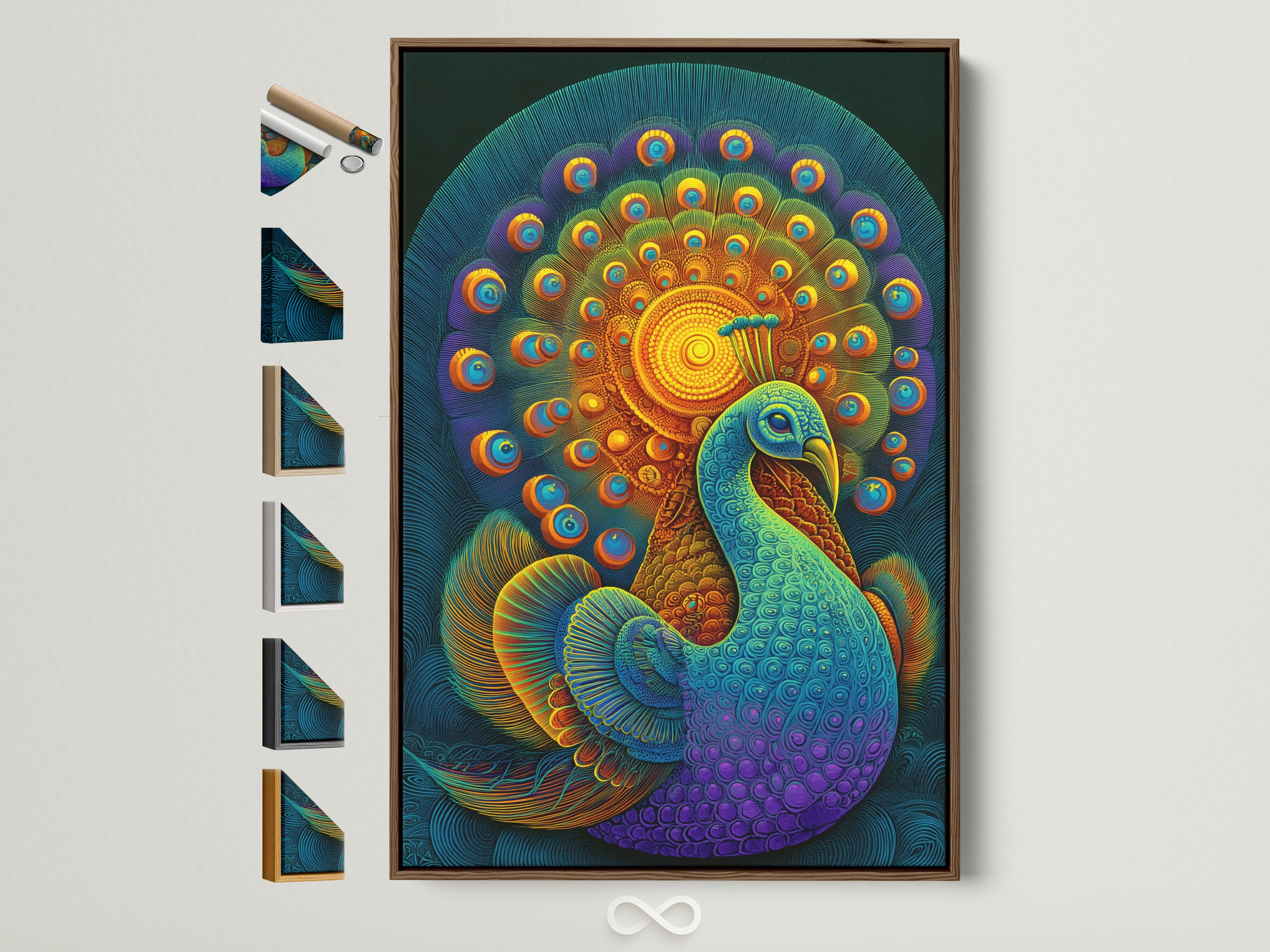Bohemian Peacock artwork with teal and gold accents in a brown frame. This colorful print brings vibrant energy to any space. Perfect eclectic wall decor for a home office. Discover this unique animal art framed. See all our frame options.