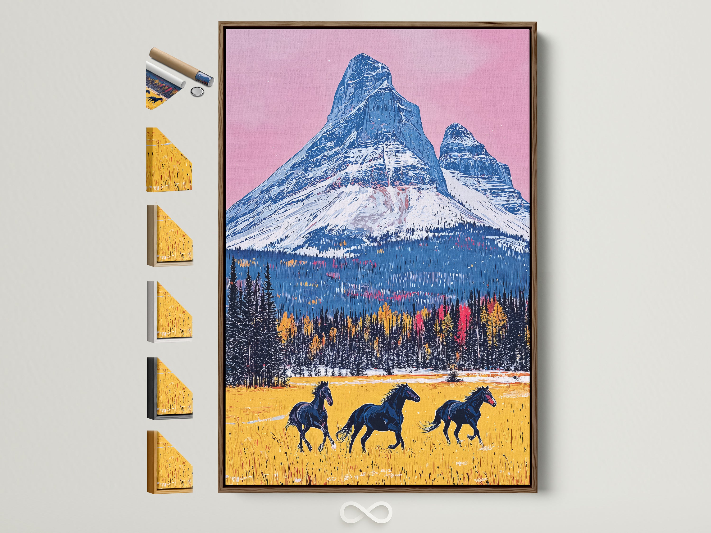 Explore frame options for your mountain horse artwork. This brown frame is displayed on a wall. Other frame colors are visible on the side. Find the perfect frame to complement your rustic art print. Enhance your space with western wall decor today.
