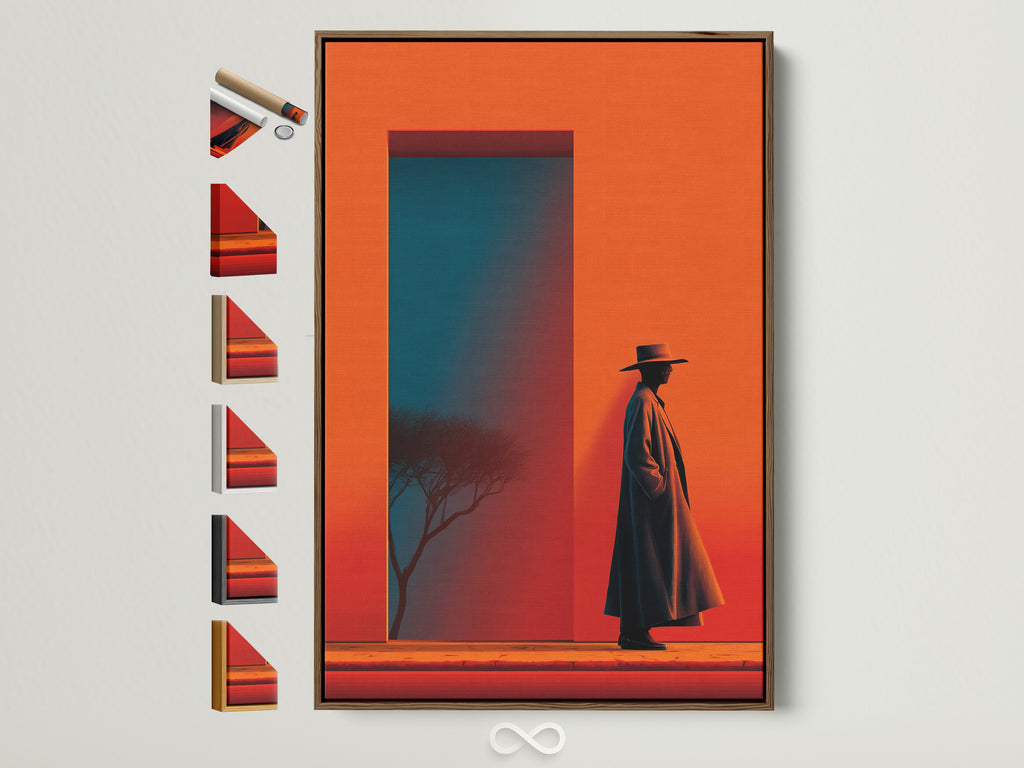 Explore framed Western Cowboy artwork. It features a retro desert scene in orange and teal hues. The brown frame complements various styles. See all frame options available for this silhouette art southwestern decor.
