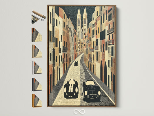 Vintage car artwork in a brown frame. The artwork features a European street scene. Classic automobile art for home office or living room. Explore frame options for this retro car poster. A perfect gift for car lovers. Mid-century style wall decor.