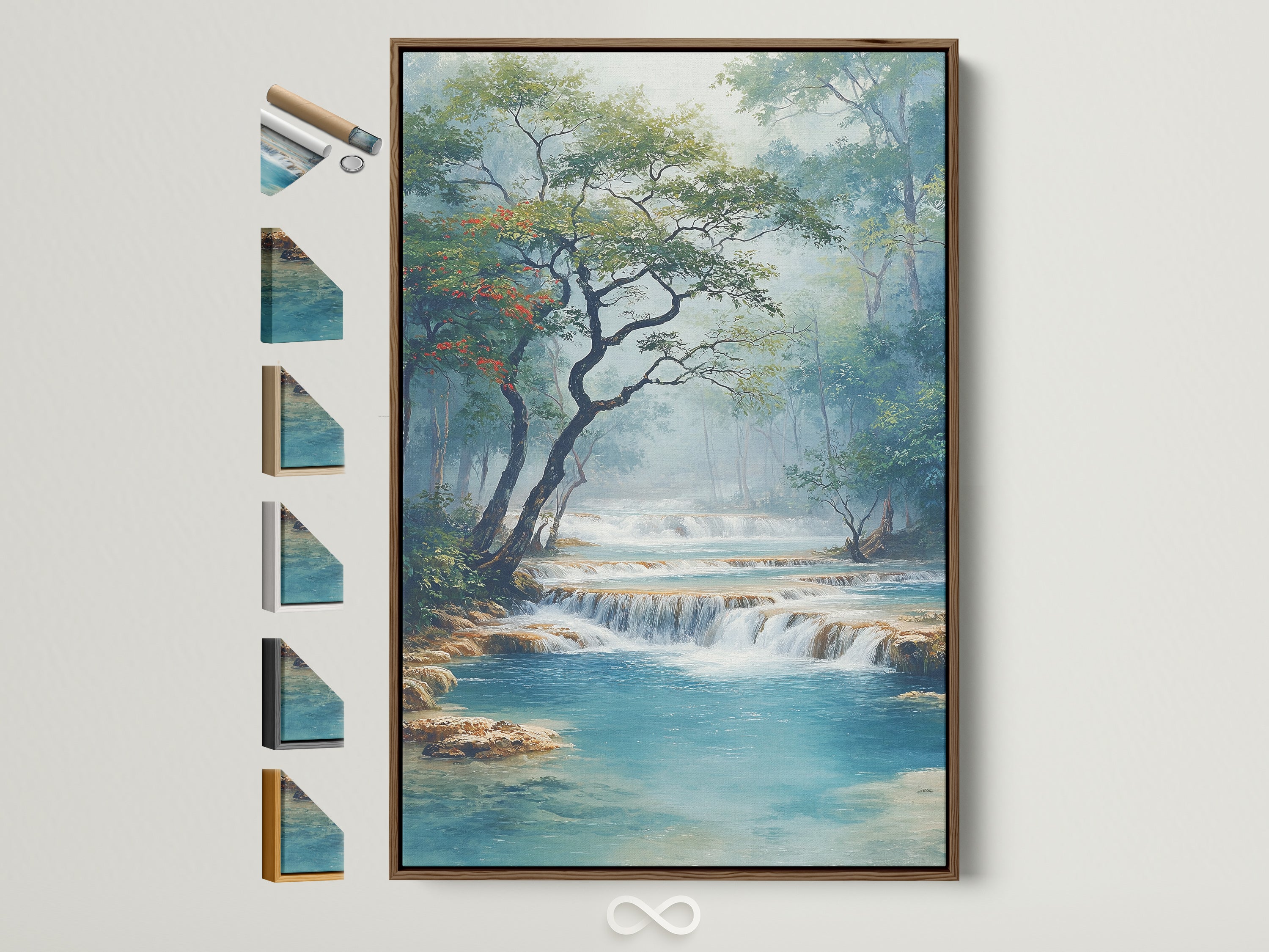 Waterfall canvas artwork with a brown frame is displayed. The artwork features a serene landscape with turquoise water. See the various frame styles available. Each frame choice enhances the nature wall art.