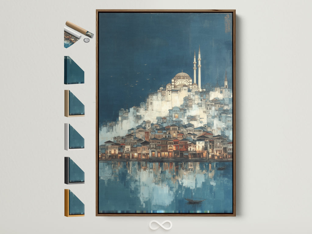 Istanbul Cityscape artwork in a brown frame. This Turkish architecture wall art adds a vintage touch to any space. See all available frame options for this stunning city canvas print perfect for office wall decor.