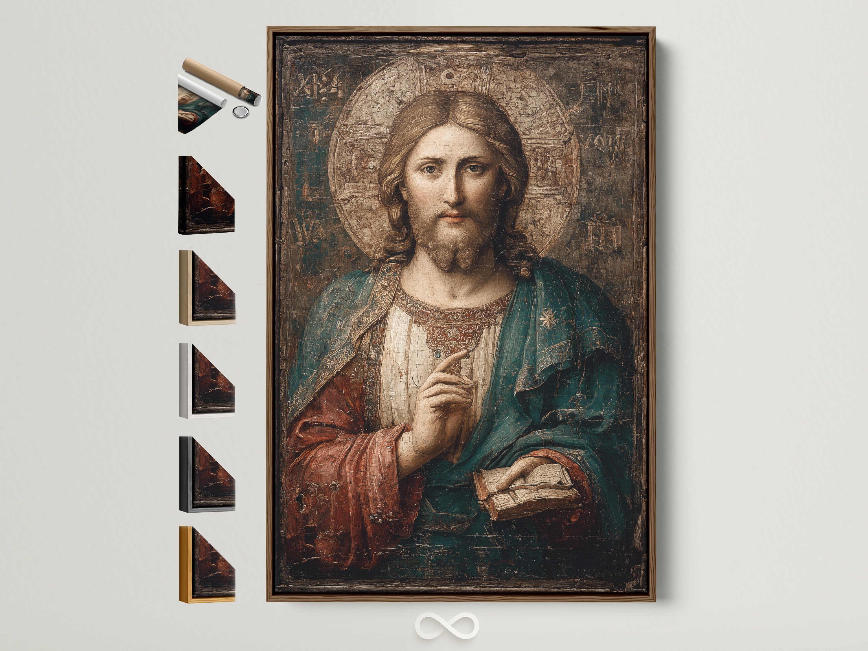 Explore art framing options. This artwork shows a brown frame. There are different frame styles on the side. Find the perfect frame to complement your art. Many frame choices are available.