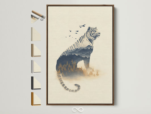 Tiger double exposure artwork with a brown frame. This wildlife canvas print showcases all available frame options. Perfect modern nature art for home office decor. The contemporary style complements minimalist interiors. A beautiful tiger artwork.