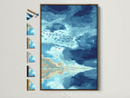 Brown frame displays seascape artwork with teal sky and birds. This coastal wall art adds a serene touch. The abstract artwork is perfect for bedroom decor. Explore frame options to match your style. Elevate your space with calming art.