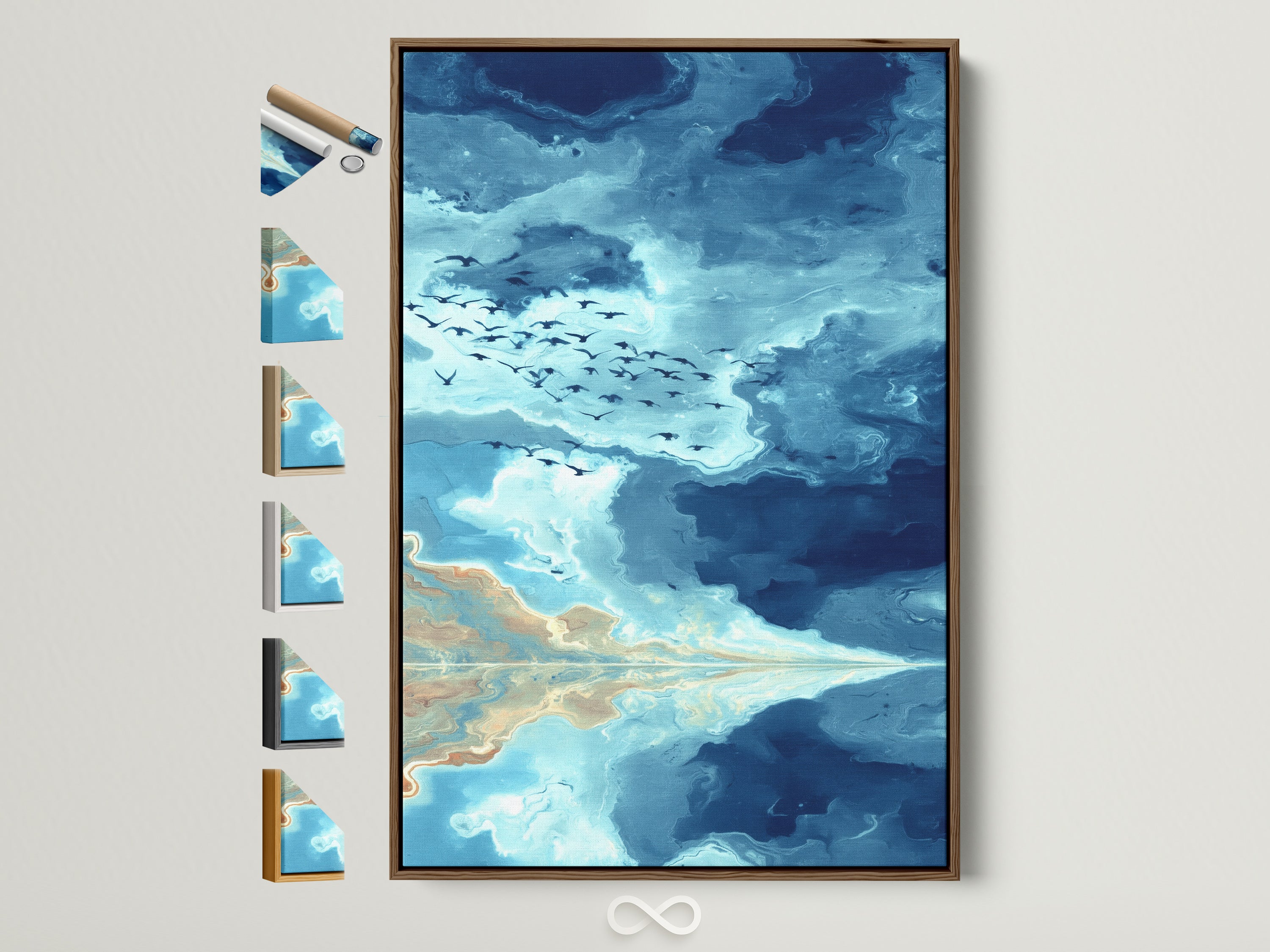 Brown frame displays seascape artwork with teal sky and birds. This coastal wall art adds a serene touch. The abstract artwork is perfect for bedroom decor. Explore frame options to match your style. Elevate your space with calming art.
