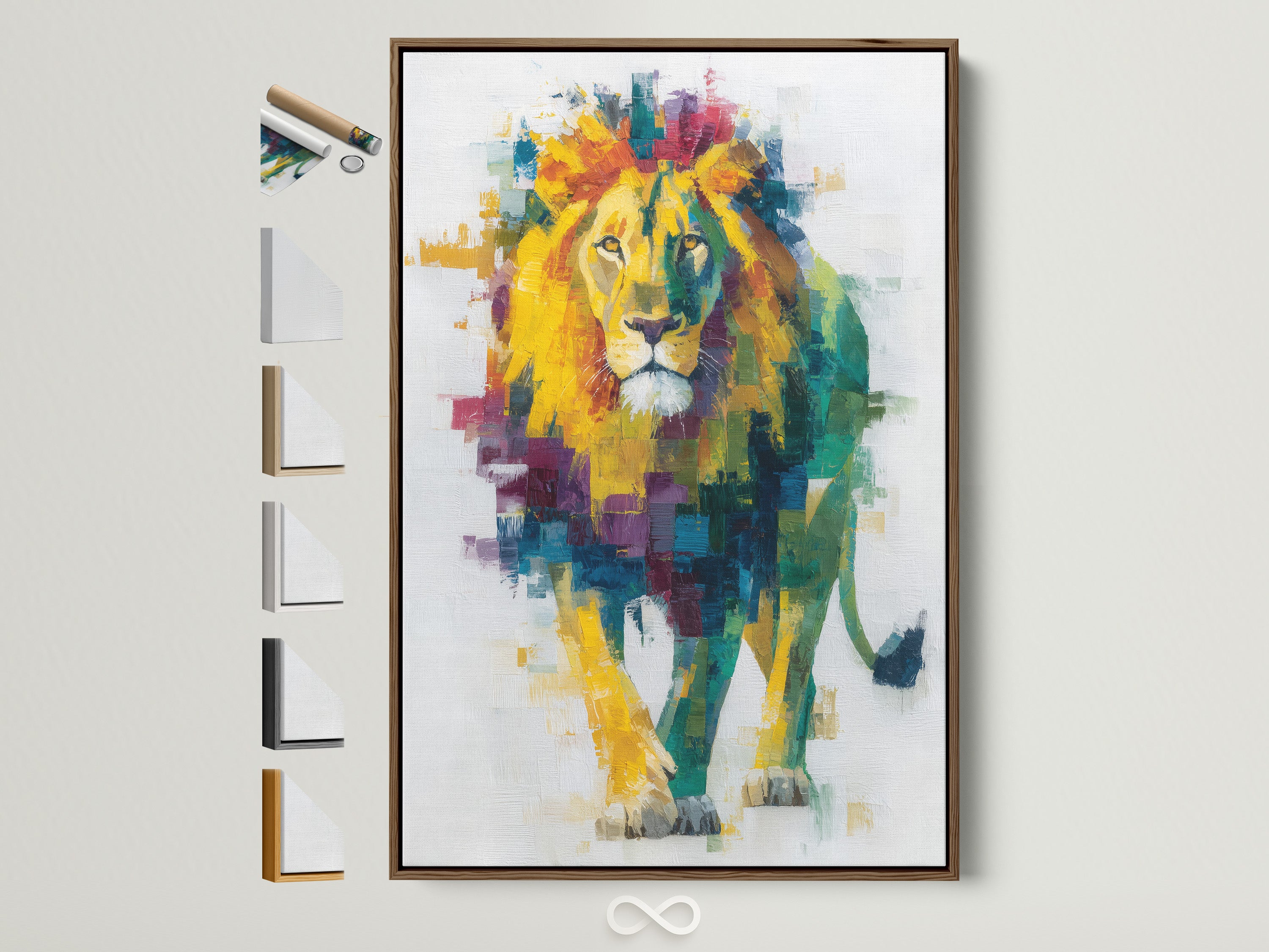 A colorful lion artwork is displayed in a brown frame. Multiple frame options are showcased on the side. This abstract animal wall art adds a vibrant touch to any space. Perfect for modern or eclectic decor styles. Enhance your office or living room with this unique artwork.
