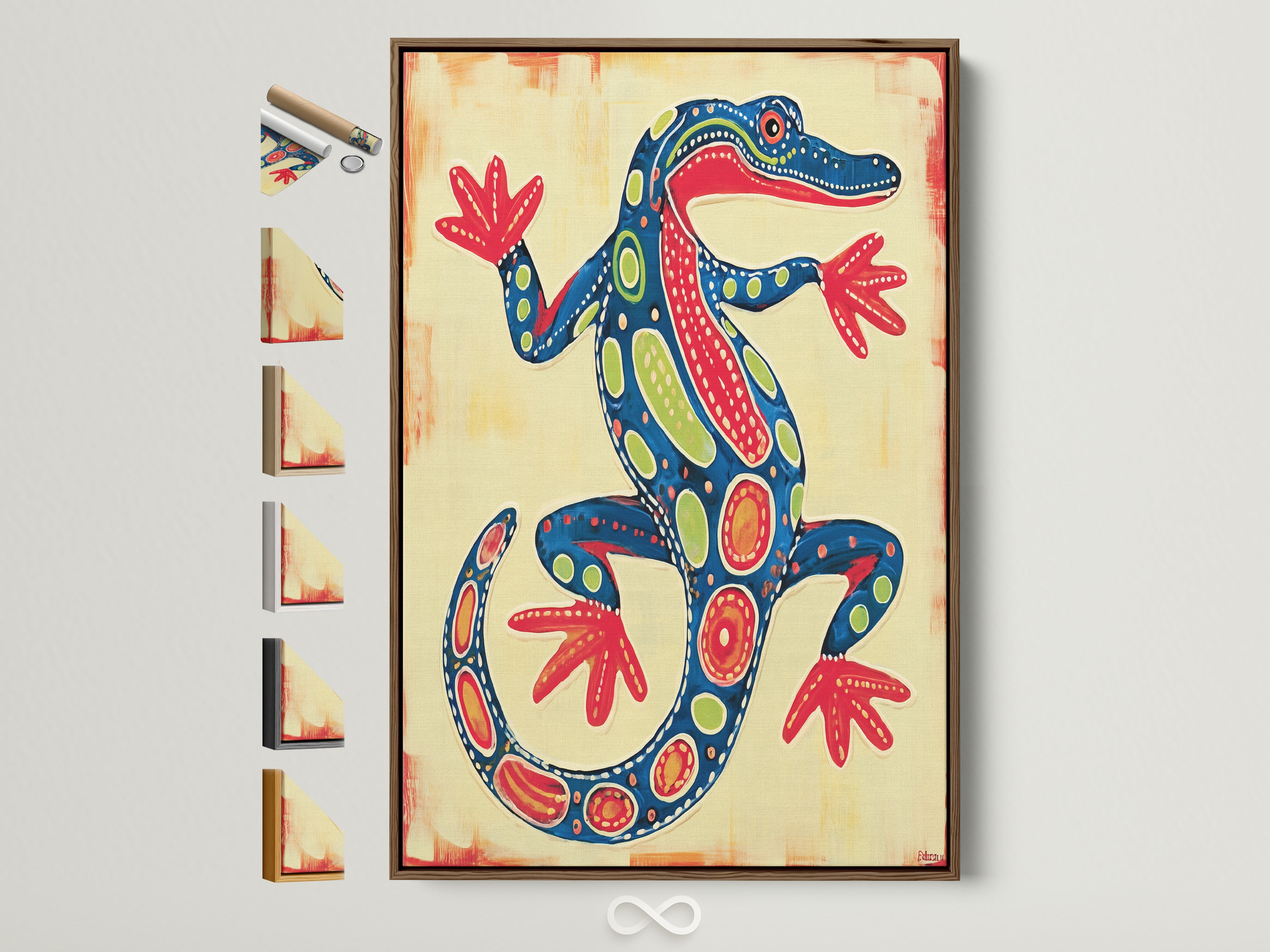 A vibrant lizard artwork is displayed in a brown frame. The artwork adds a pop of color to any room. It features red blue and green colors. See all frame options available for this boho chic artwork. Perfect for kids rooms and eclectic decor.