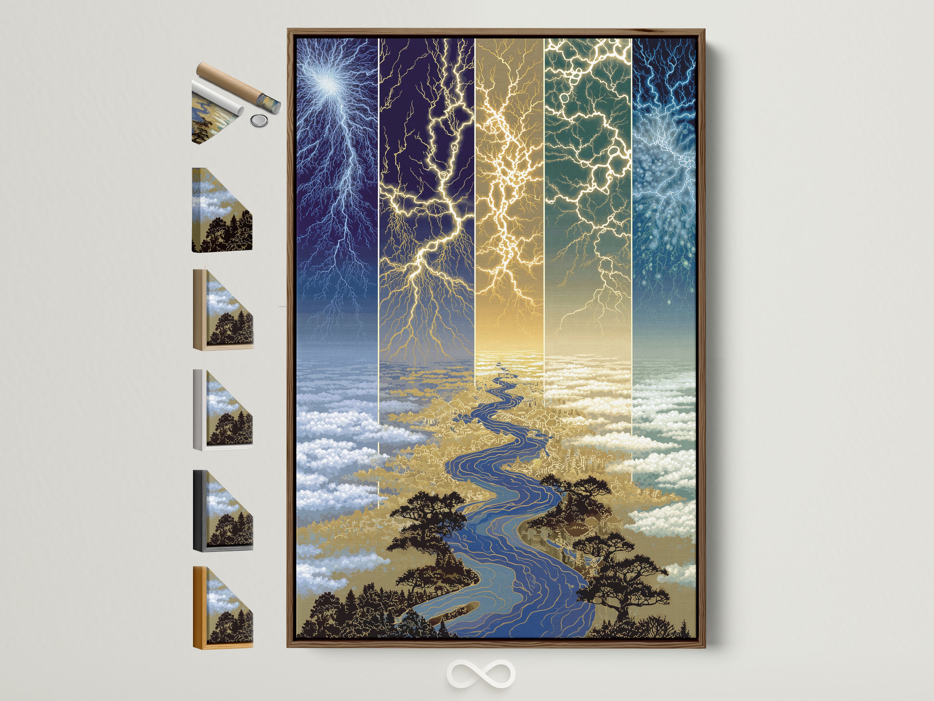 Lightning River canvas artwork showcased in a brown frame. This atmospheric wall art features a modern celestial print. Frame options are displayed on the side. Perfect for office wall decor and contemporary spaces.
