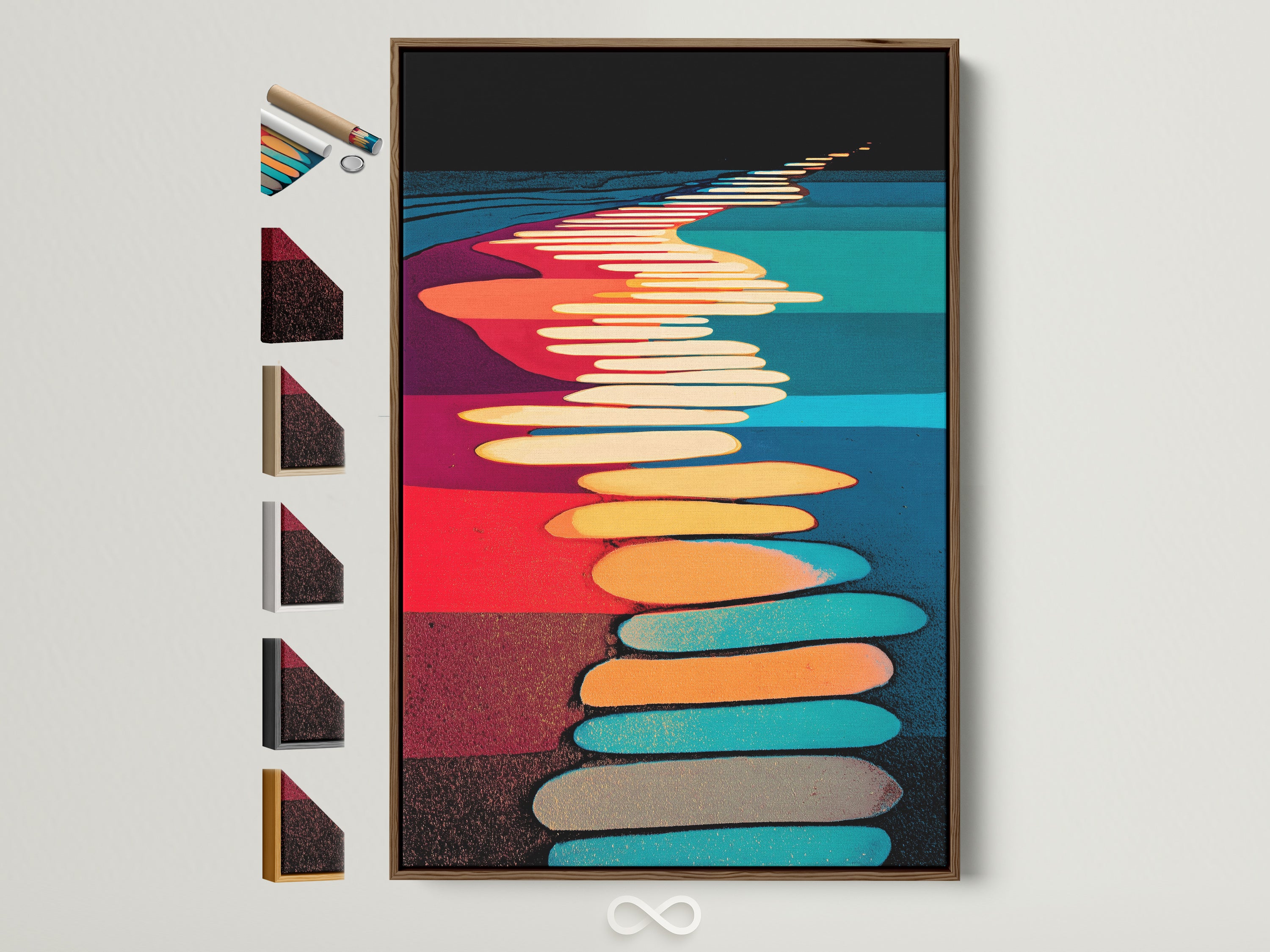 Modern colorful wall art in a brown frame. This abstract pathway artwork features geometric shapes and vibrant colors. See all our frame options to customize your contemporary artwork. Elevate your home wall decor with our unique art prints. Perfect for modern home art and wall decoration.