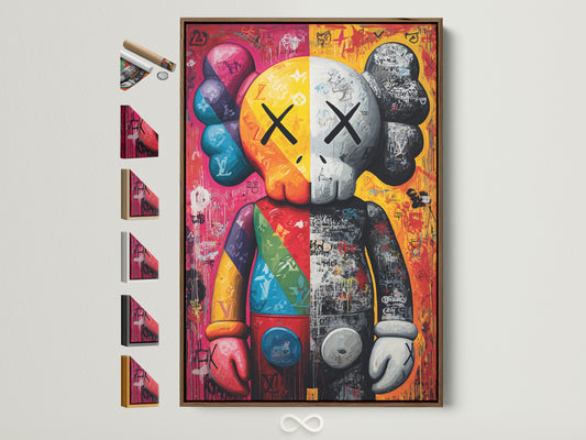 Artwork in a brown frame hangs on a white wall. The print features a split-faced cartoon character. One side is colorful with LV symbols. The other side is grayscale with graffiti. The image shows available frame options.