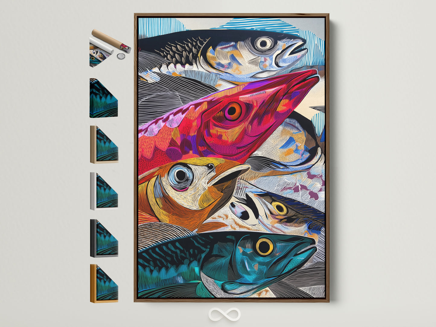 Abstract colorful fish canvas—coastal kitchen accent