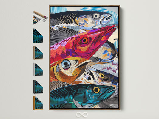 A vibrant colorful fish art print is displayed in a brown frame. The artwork features a stack of fish in shades of blue red and orange. This Modern Marine Life Canvas Wall Art adds a touch of abstract ocean wildlife to any kitchen decor. Perfect for coastal and tropical themed spaces. Check out the frame options on the side.