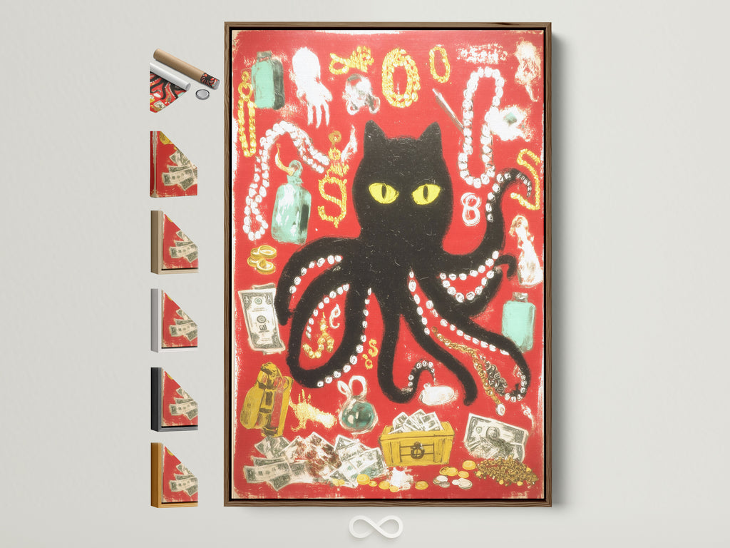Explore frame options for black cat octopus art. This surreal animal wall art features a red vintage collage print. It's perfect for eclectic home decor. See available frames.
